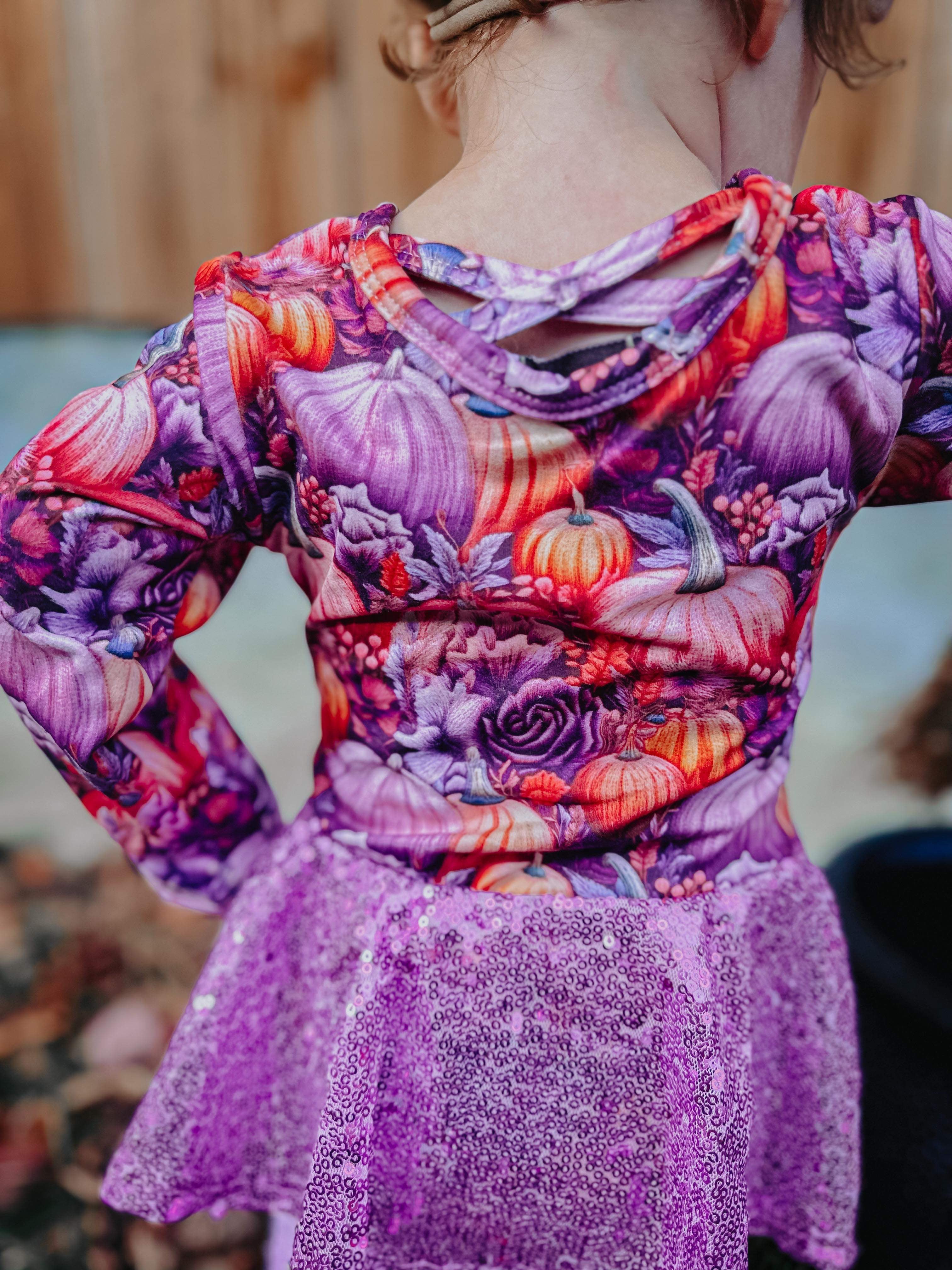 Purple Pumpkin Long Sleeve Mesh Skirted Romper