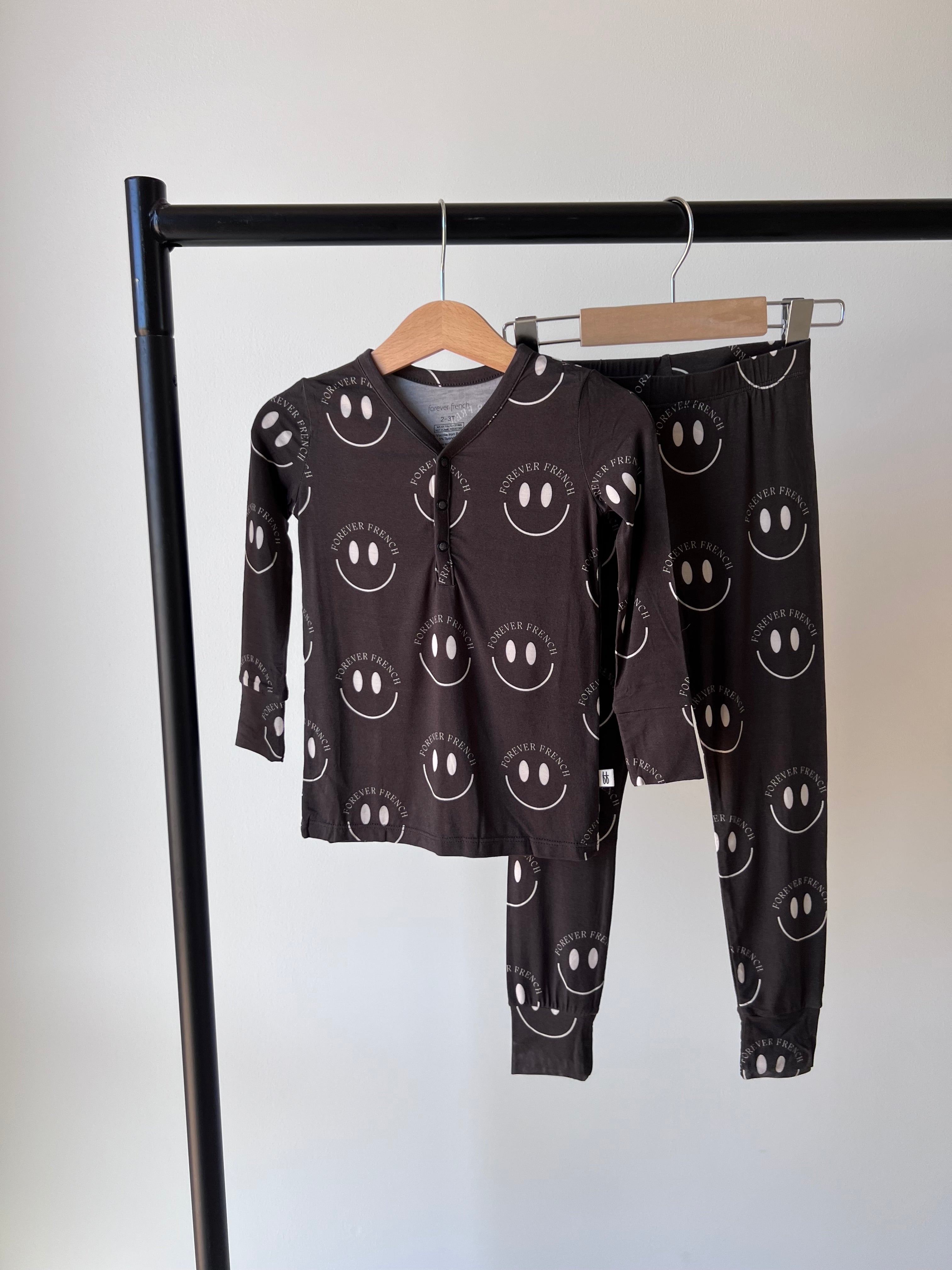 Bamboo Two Piece Pajamas | Charcoal & White Ff Smile