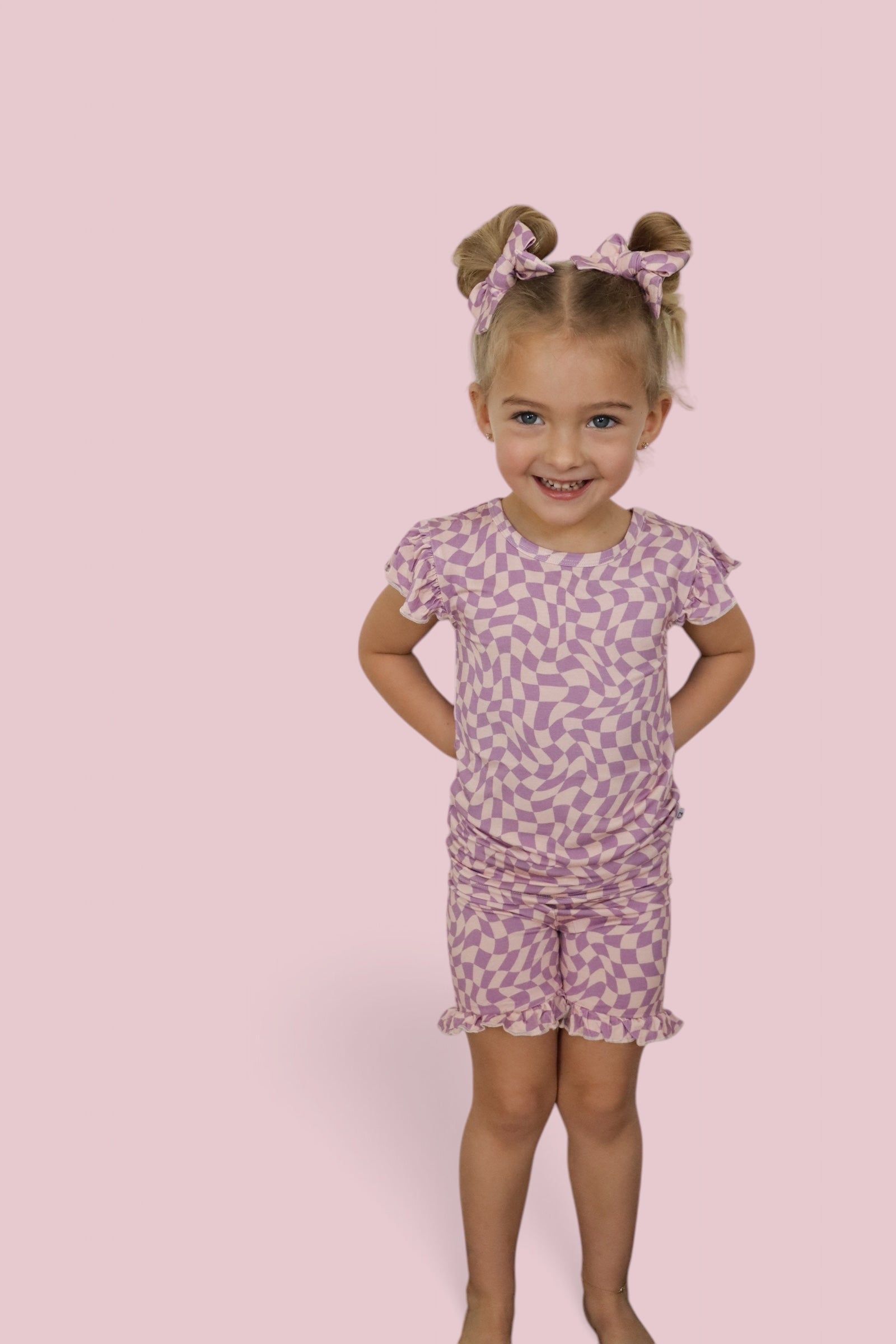 Plum Wavy Checkers Dream Ruffle Short Set