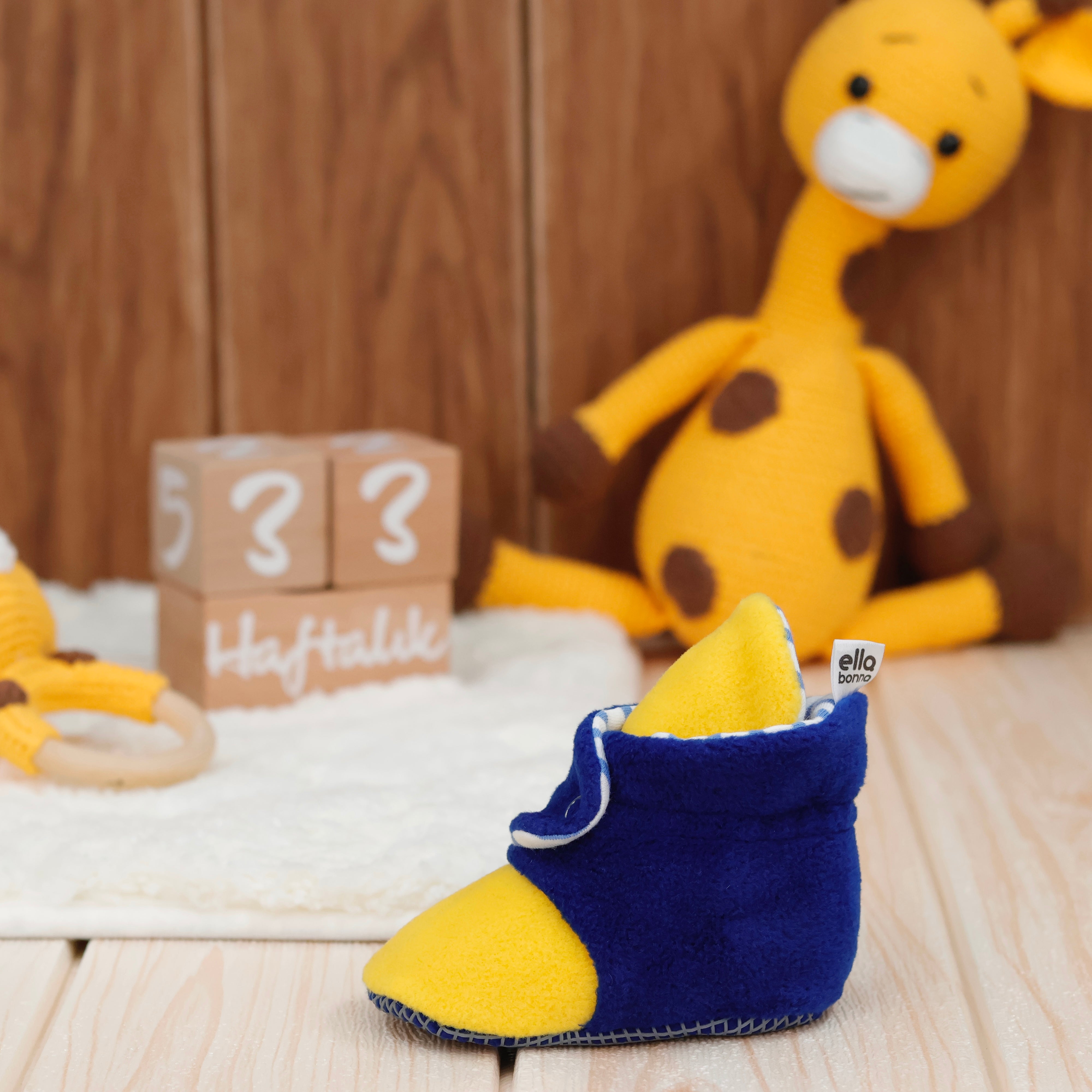 Anti-slip Sole, Fleece Baby Booties, Newborn Home Booties, Sweat Proof Organic Cotton Lining, Yellow Blue