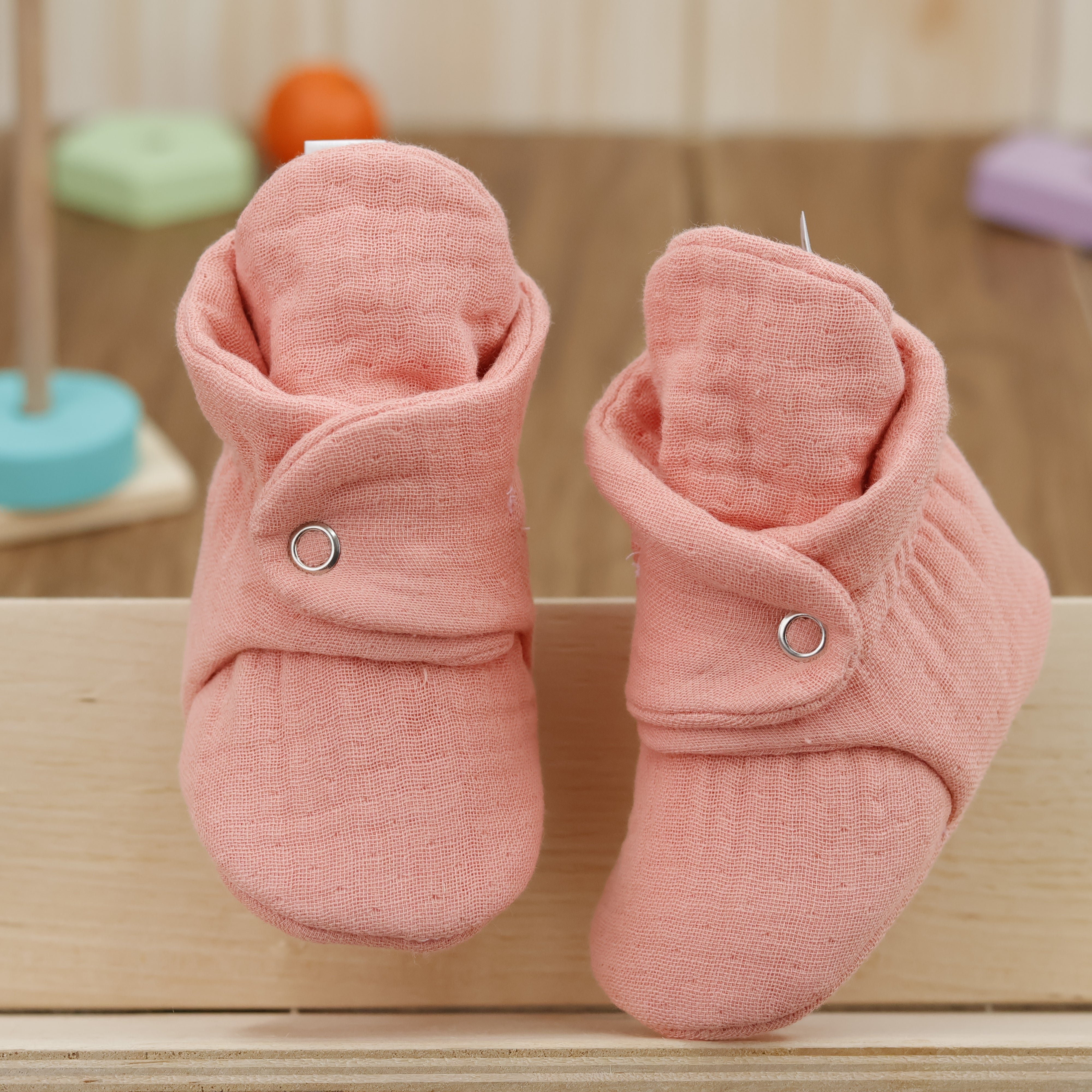 Muslin Stay On Baby Booties Dustyrose