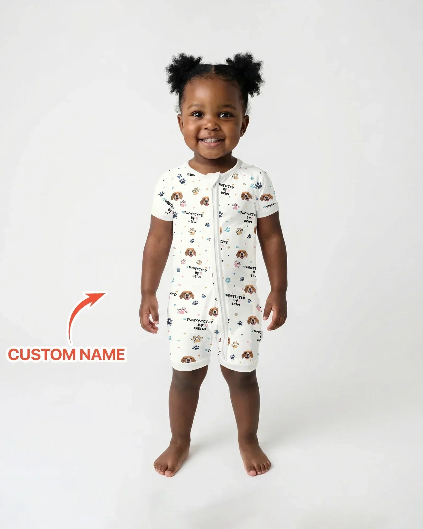Custom Dog Photo Pattern "protected By" Bamboo Shorty Zippered Romper