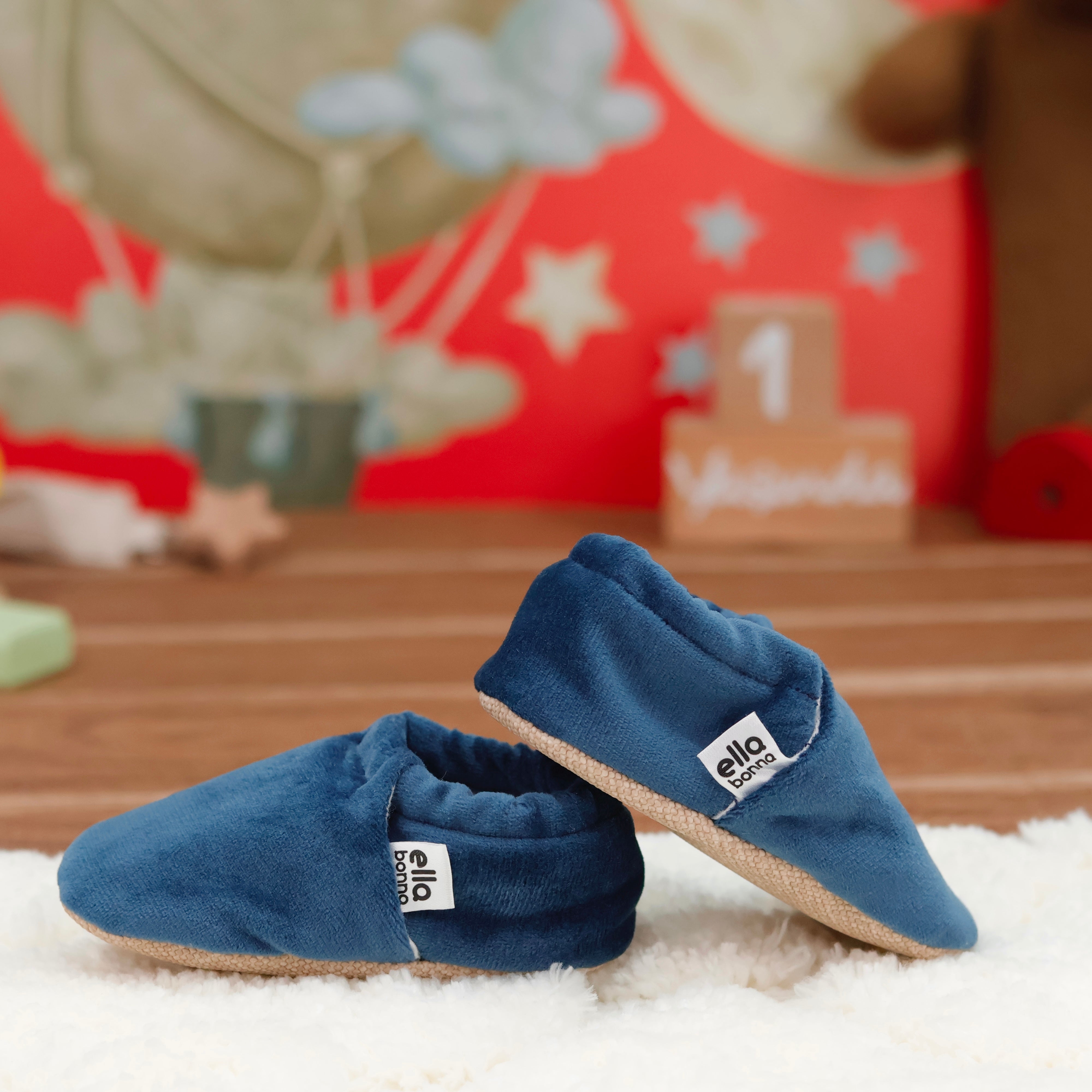 Organic Cotton Velvet Home Nursery Moccasin Shoes, Darkblue