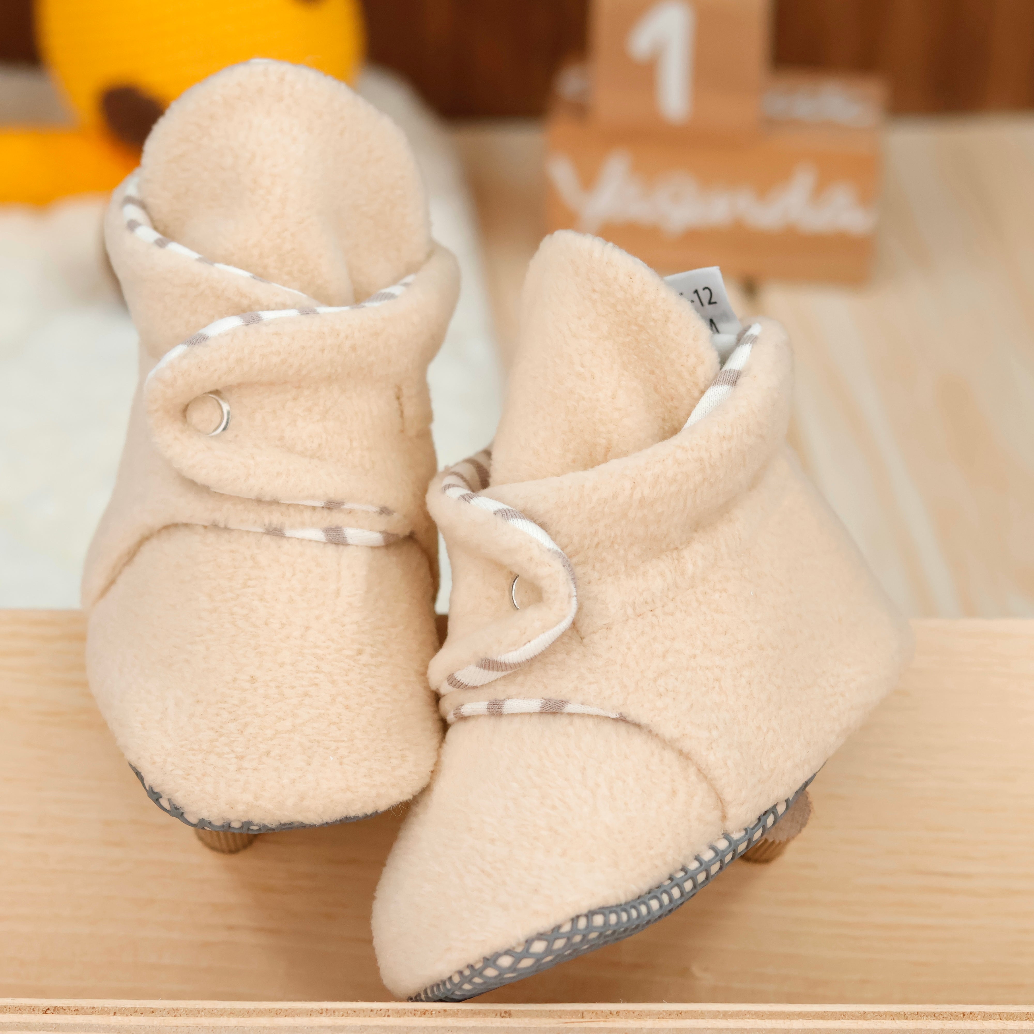 Anti-slip Sole, Fleece Baby Booties, Newborn Home Booties, Sweat Proof Organic Cotton Lining, Beige