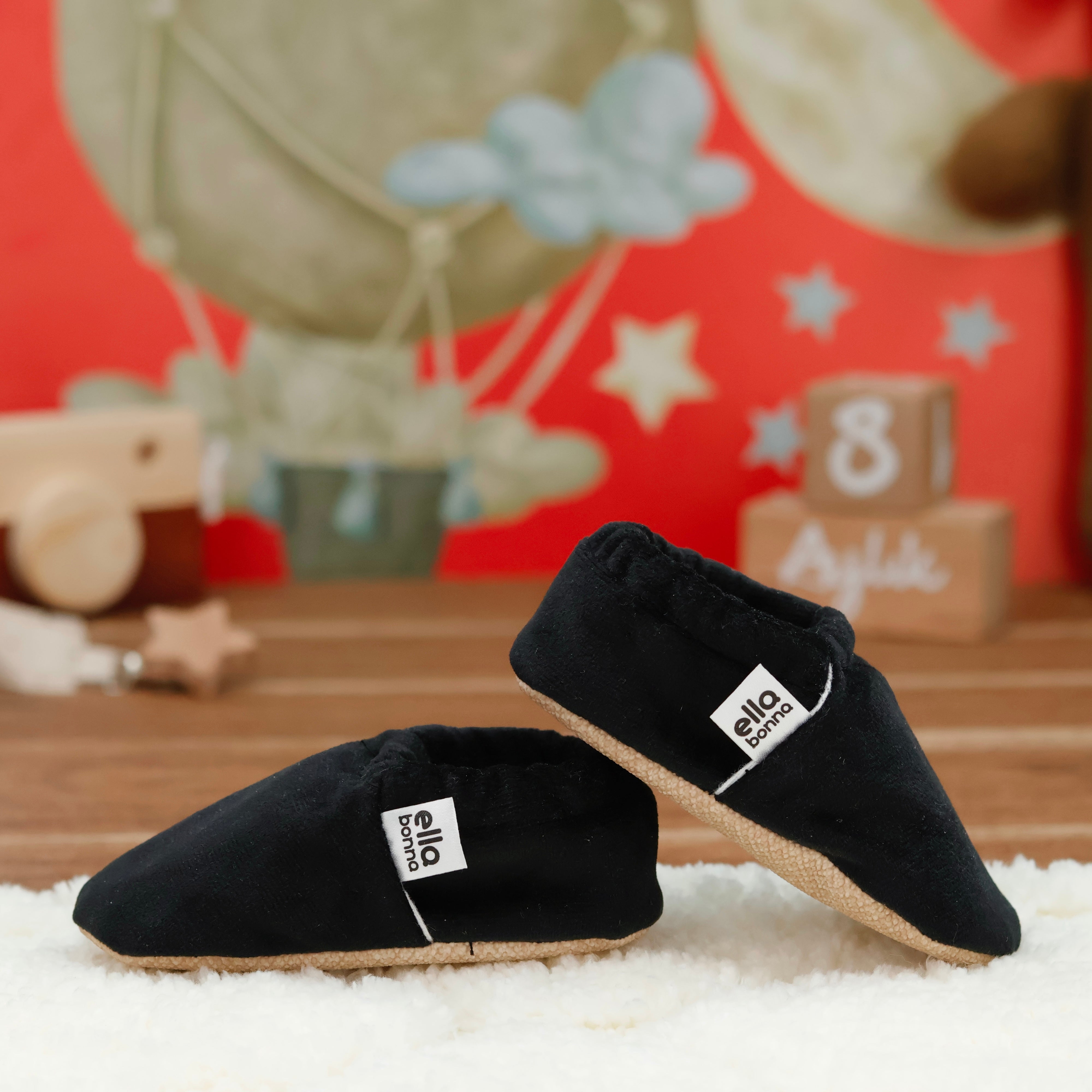 Organic Cotton Velvet Home Nursery Moccasin Shoes Black