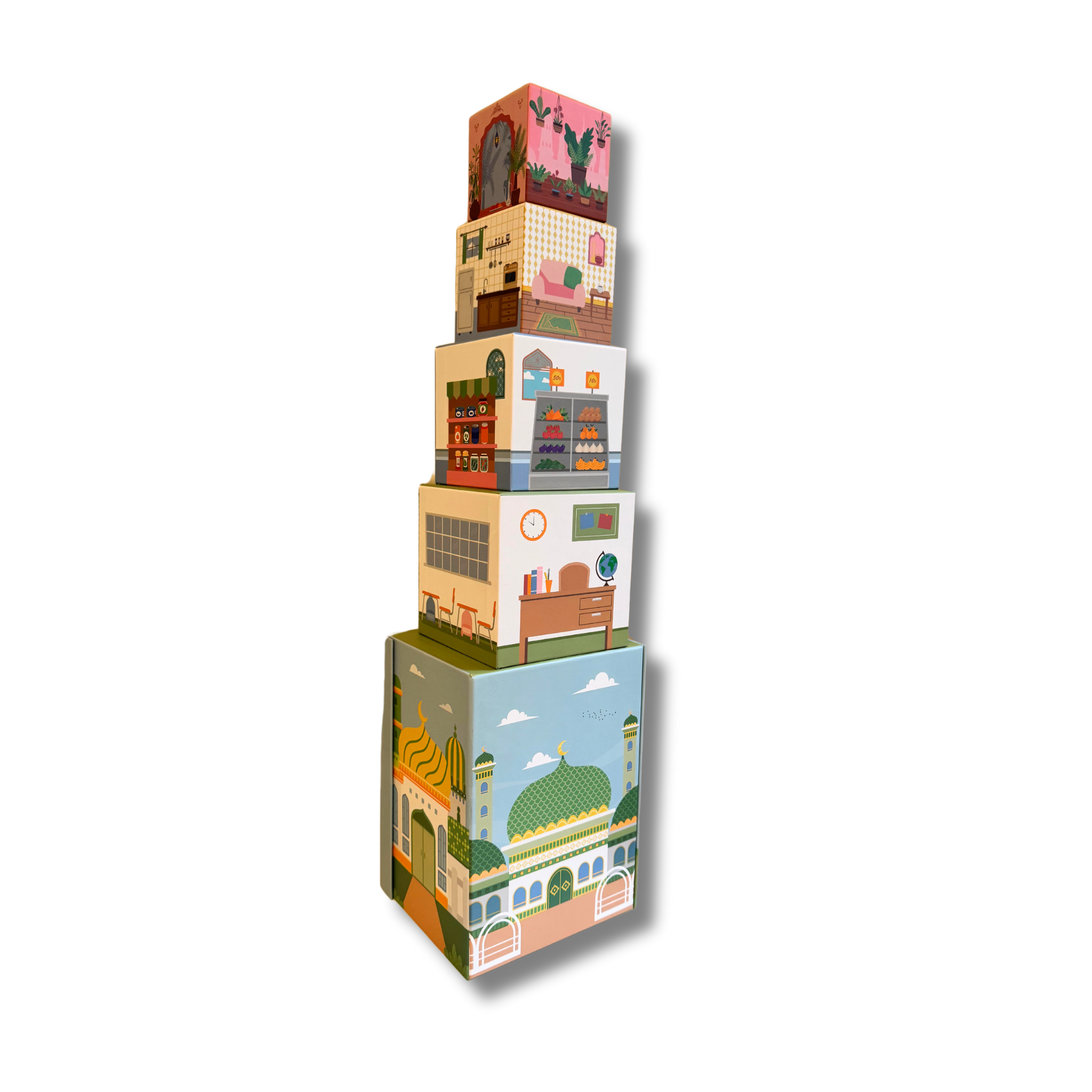 Stacking Houses (set Of 5 Houses And 3 Hardwood Characters)