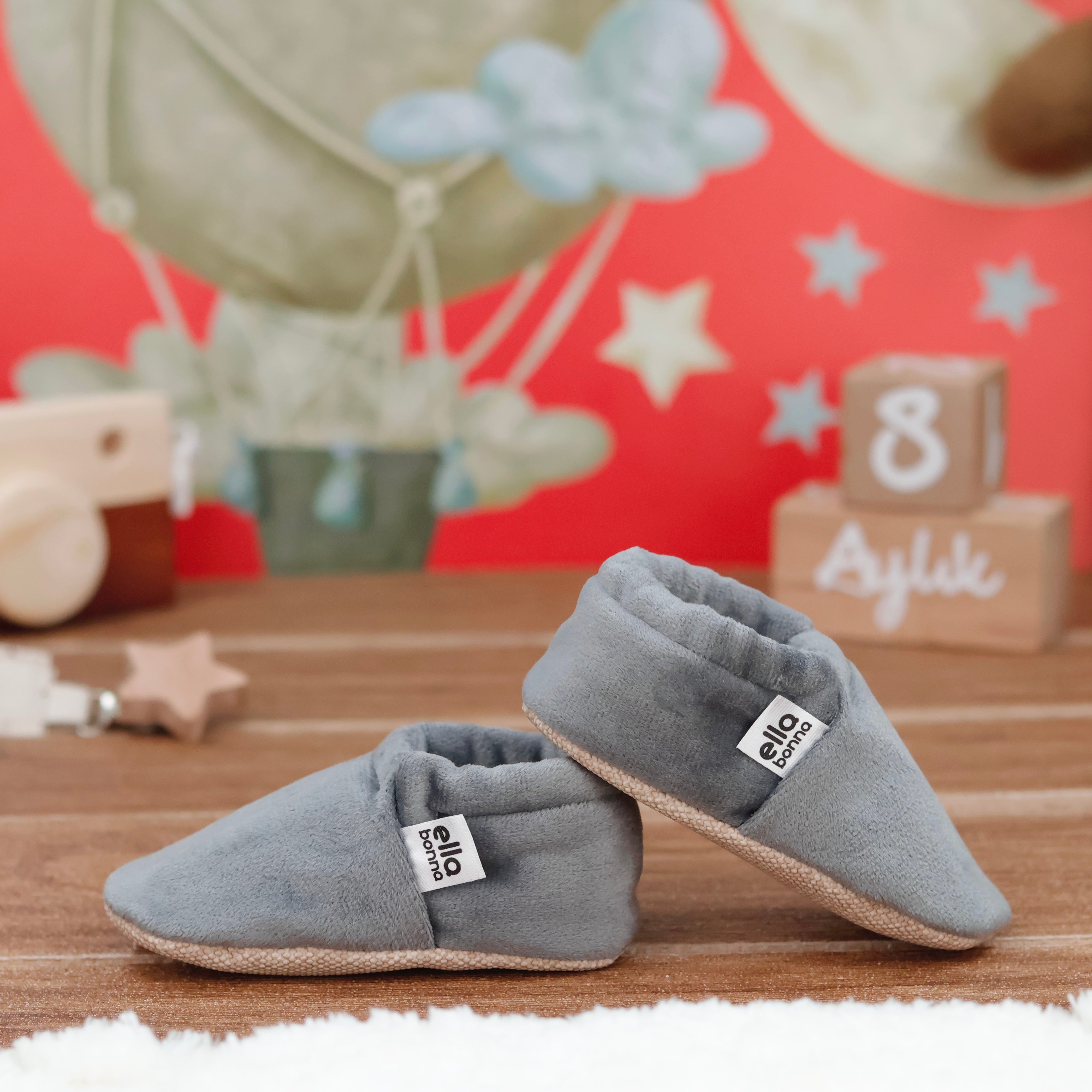 Organic Cotton Velvet Home Nursery Moccasin Shoes, Gray
