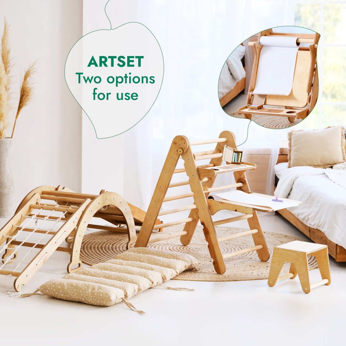 6in1 Montessori Climbing Set: Triangle Ladder + Arch/rocker + Slide/ramp + Net + Cushion + Art Addition