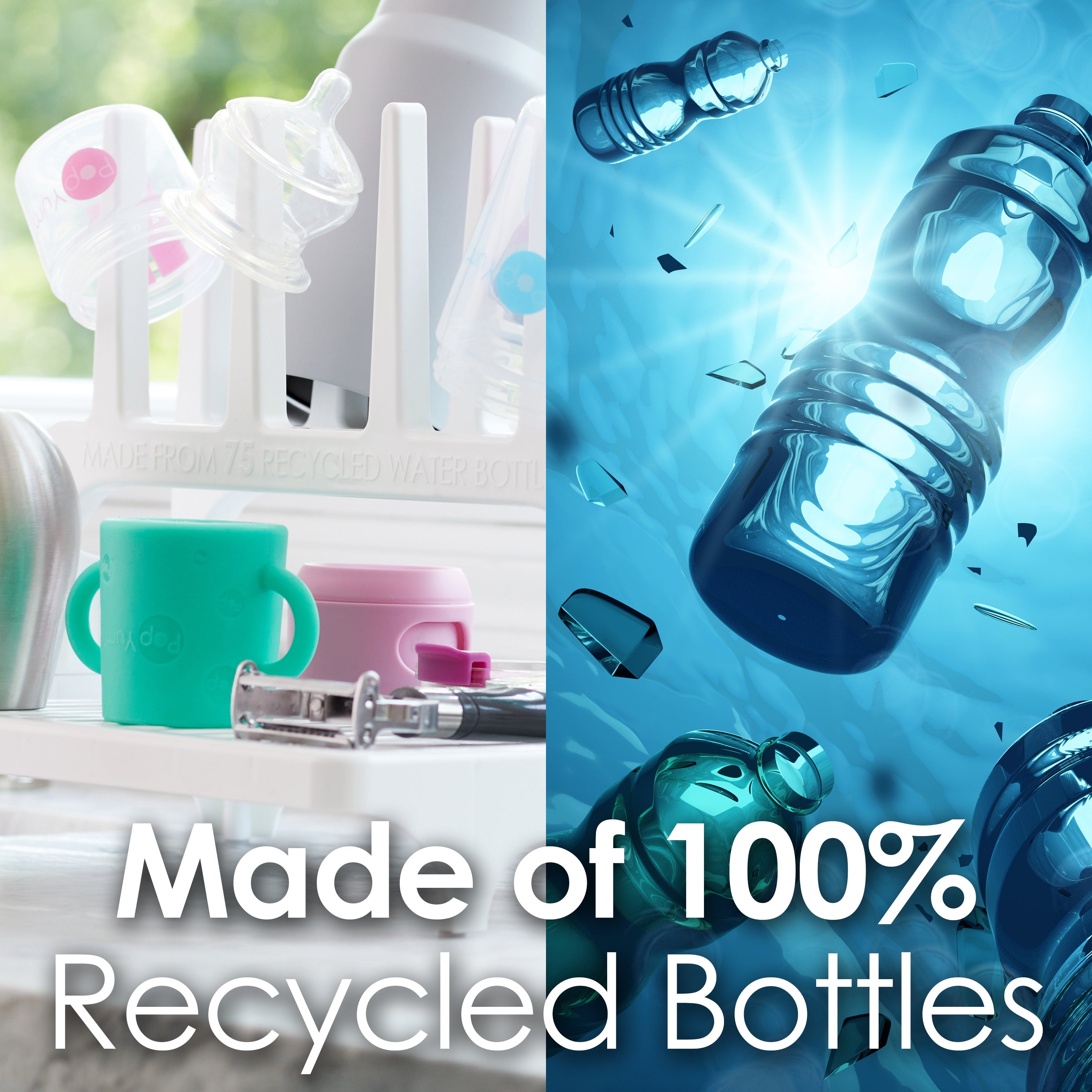 Popyum 9 Oz Pink Formula Making Baby Bottle 3-pk With Gray Drying Rack & Clear Drying Mat Bundle