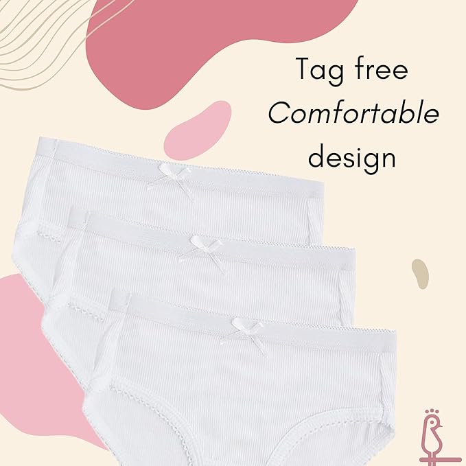 Feathers Girls Rib White Snug Fit Tagless Briefs Underwear - 100% Cotton Super Soft Panties