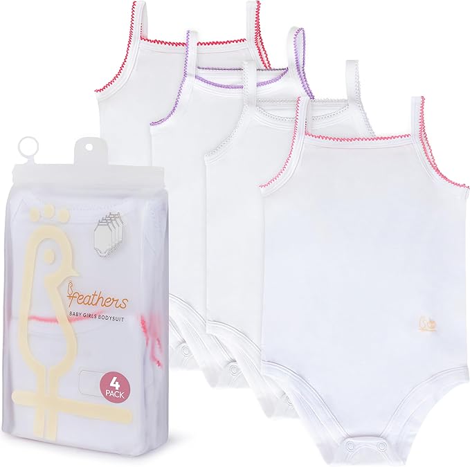 Feathers Tank Top Baby Girl Undershirts - Super Soft Cotton One-piece Toddler Bodysuit (4 Pack) (multicolor)