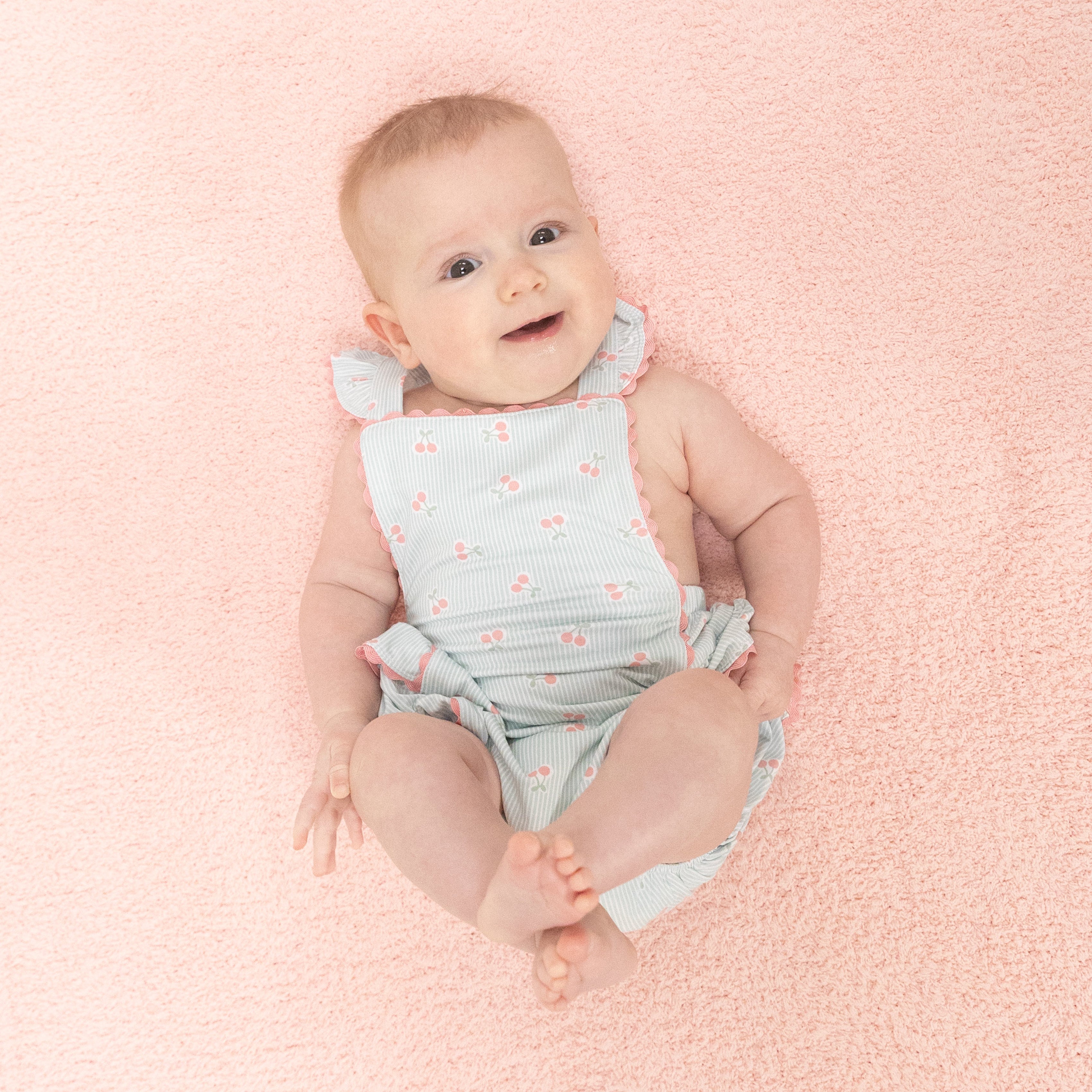 Tiny Cherry Stripe - Ric Rac Ruffle Sunsuit