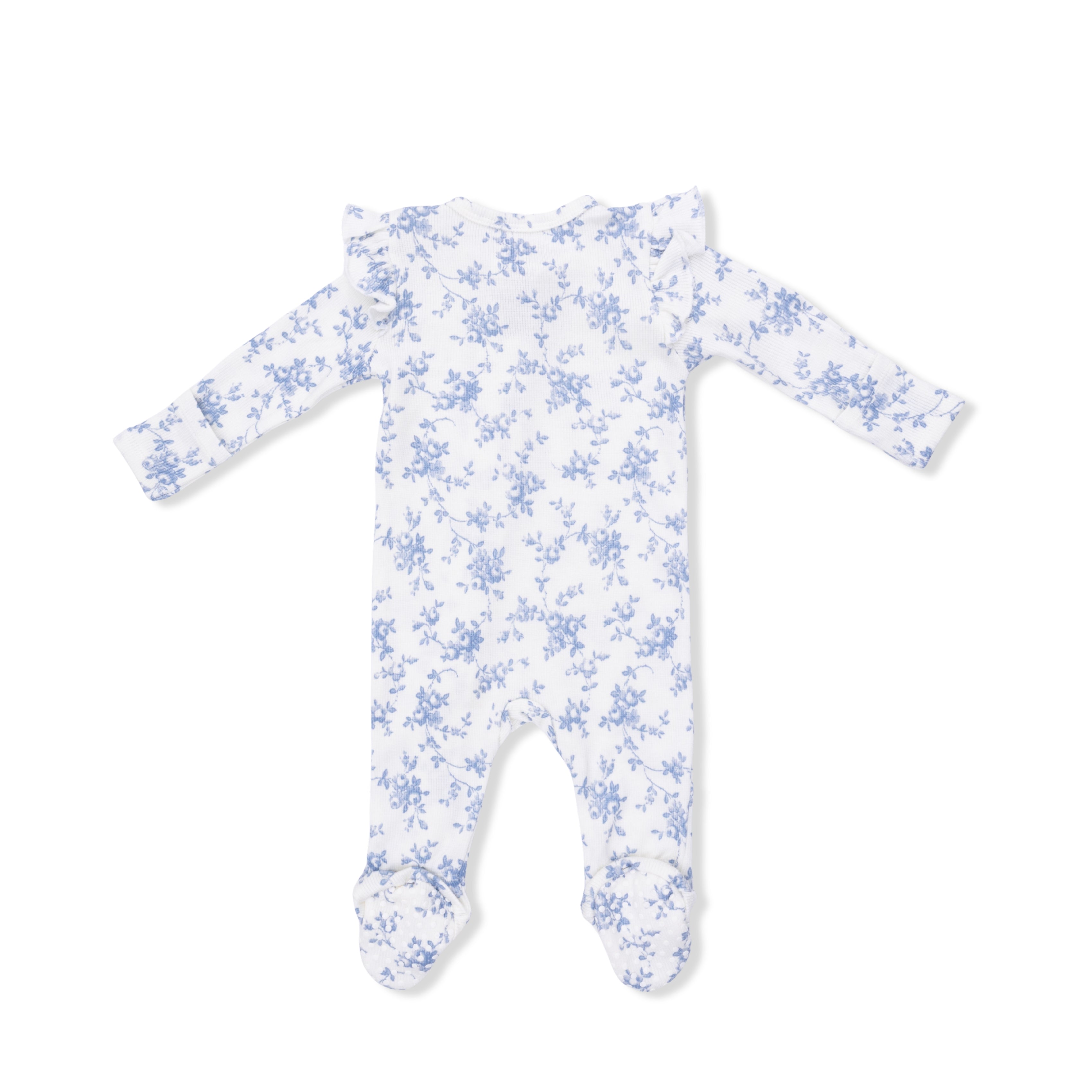 Baby Blue Vines Floral - 2 Way Ruffle Sleeve Zipper Footie