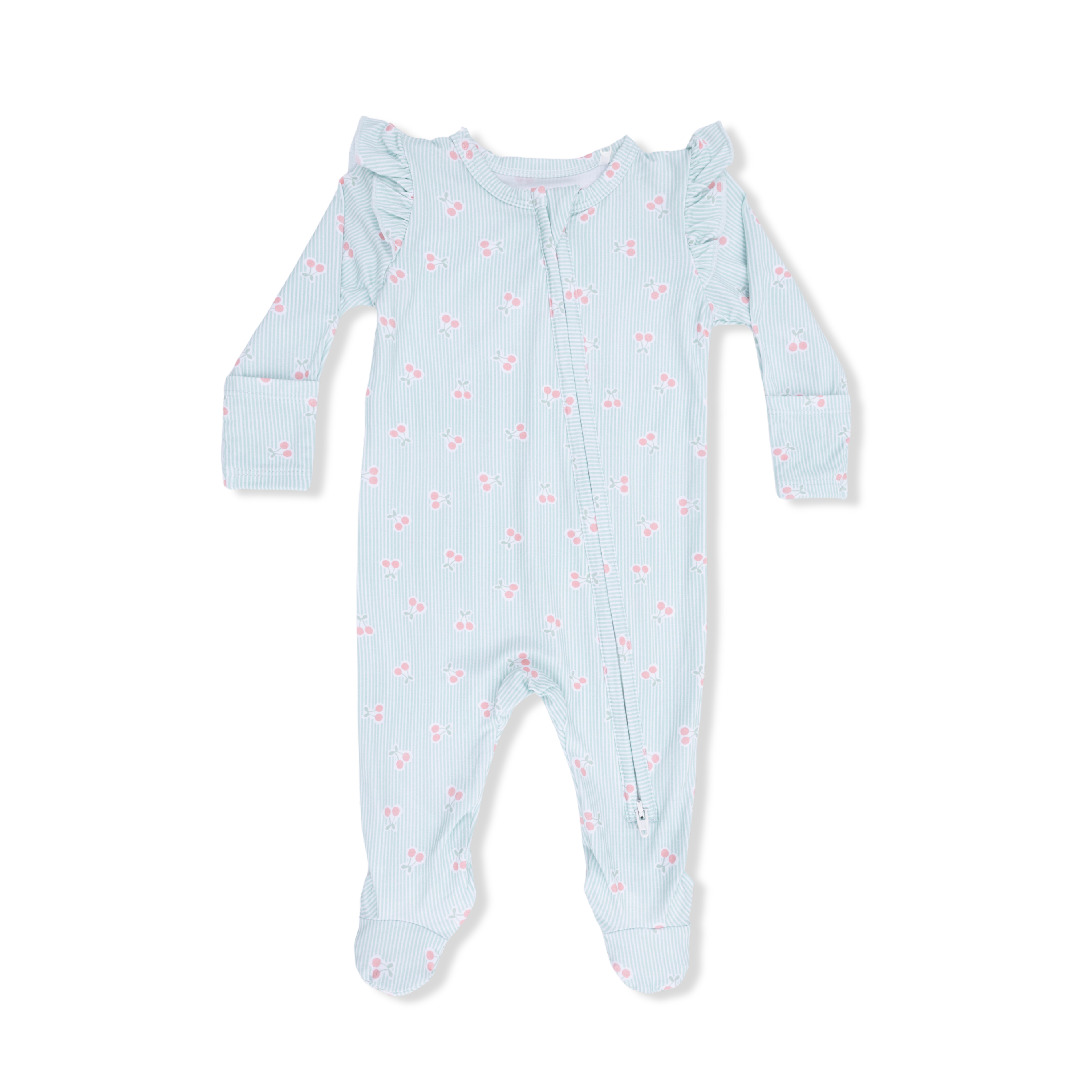 Tiny Cherry Stripe - 2 Way Ruffle Sleeve Zipper Footie