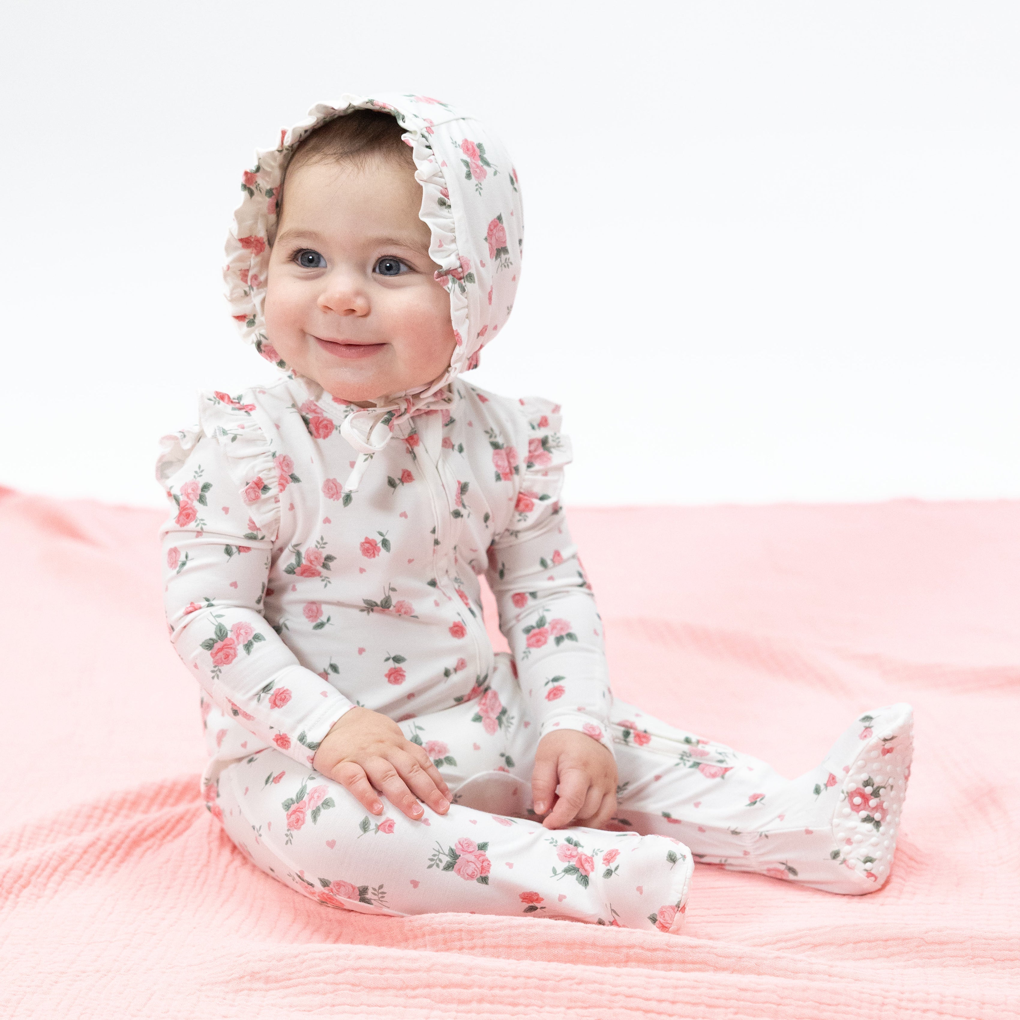 Pink Rosettes - 2 Way Ruffle Sleeve Zipper Footie