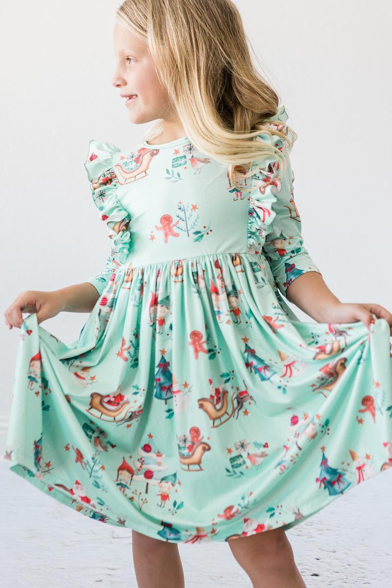 Believe In Your Elf 3/4 Sleeve Ruffle Twirl Dress