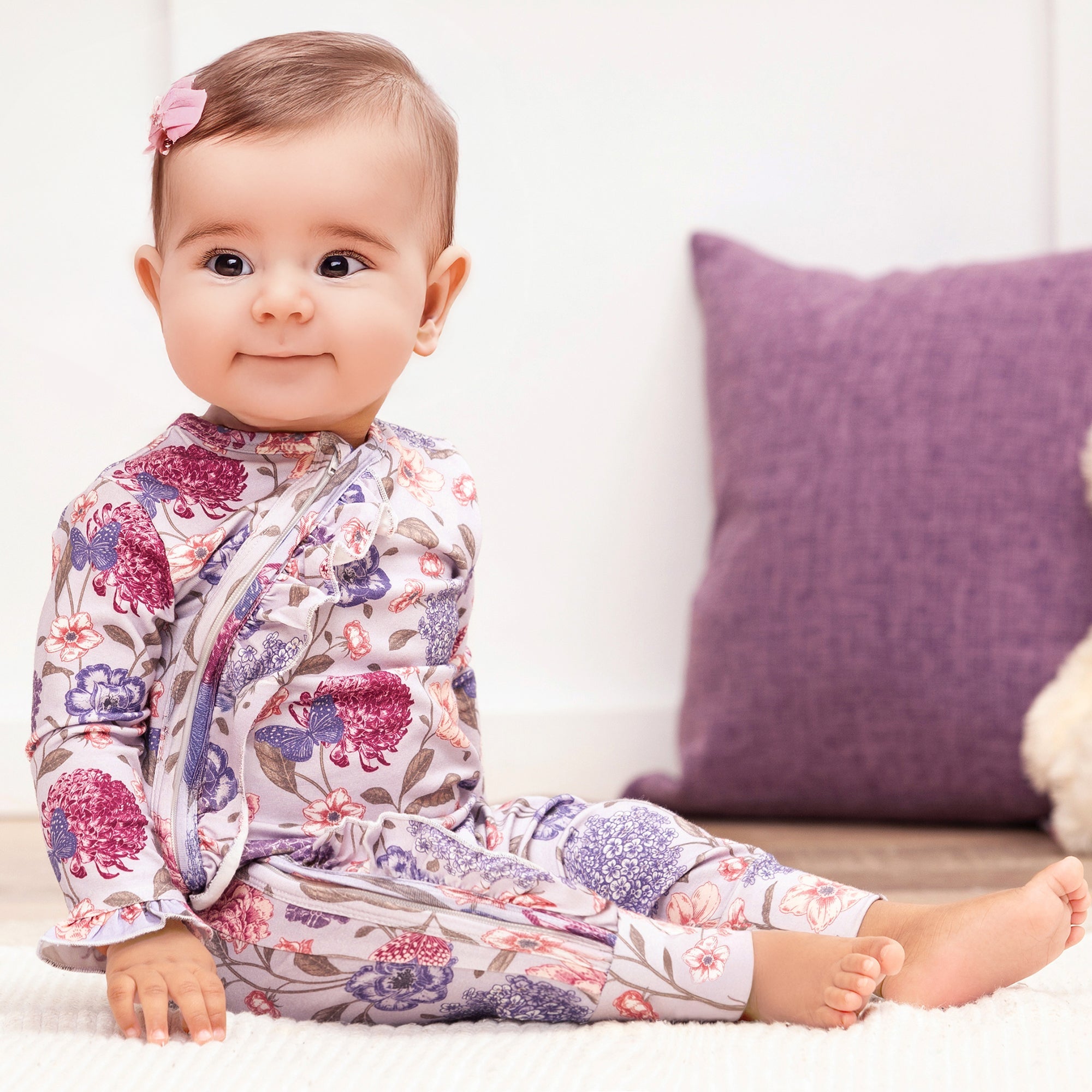Floral Ruffle Baby Zipper Romper – Soft Bamboo Vintage Bloom