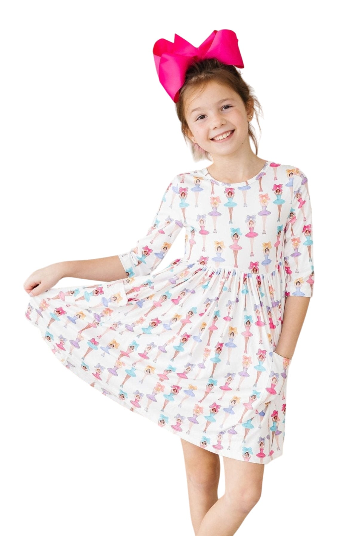 Ballerina Bows 3/4 Sleeve Pocket Twirl Dress