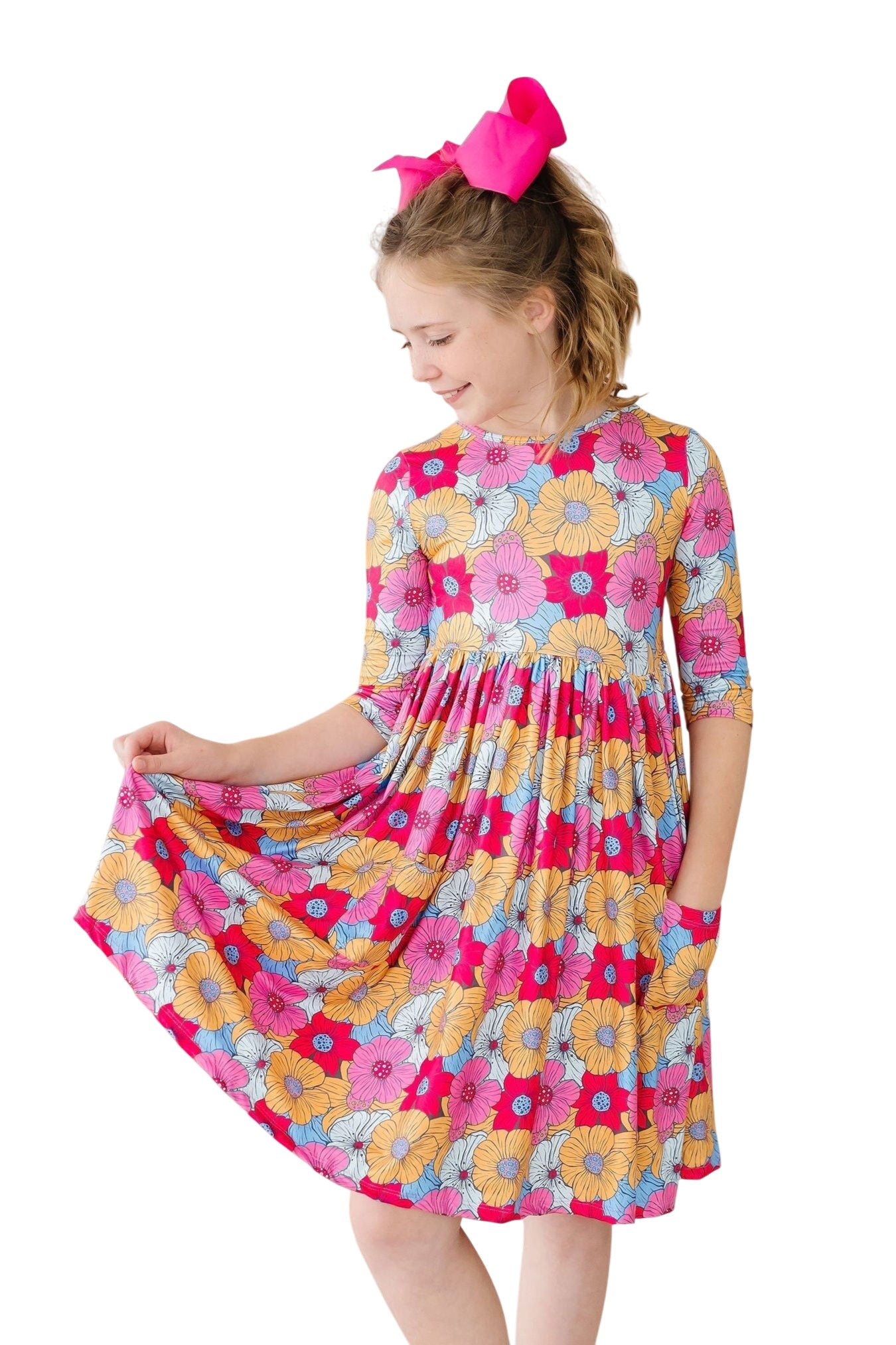 Wonderland Floral 3/4 Sleeve Pocket Twirl Dress