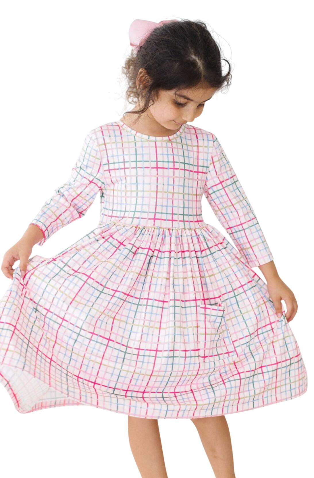 Pink Plaid 3/4 Sleeve Pocket Twirl Dress