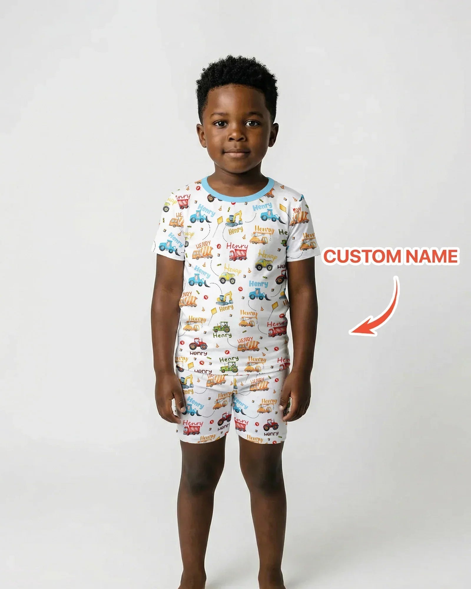 Construction Vehicles Custom Name Bamboo Two Piece Short Sleeve Shorts Pajama Set