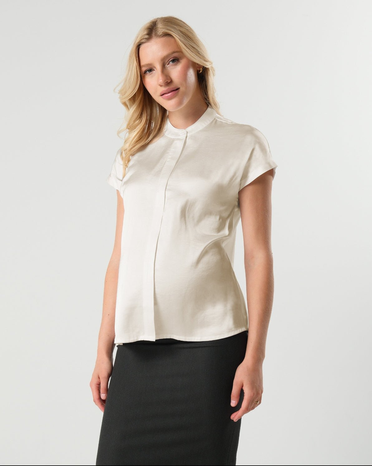 *new* Short Sleeve Satin Maternity Shell Top With Concealed Nursing Zip