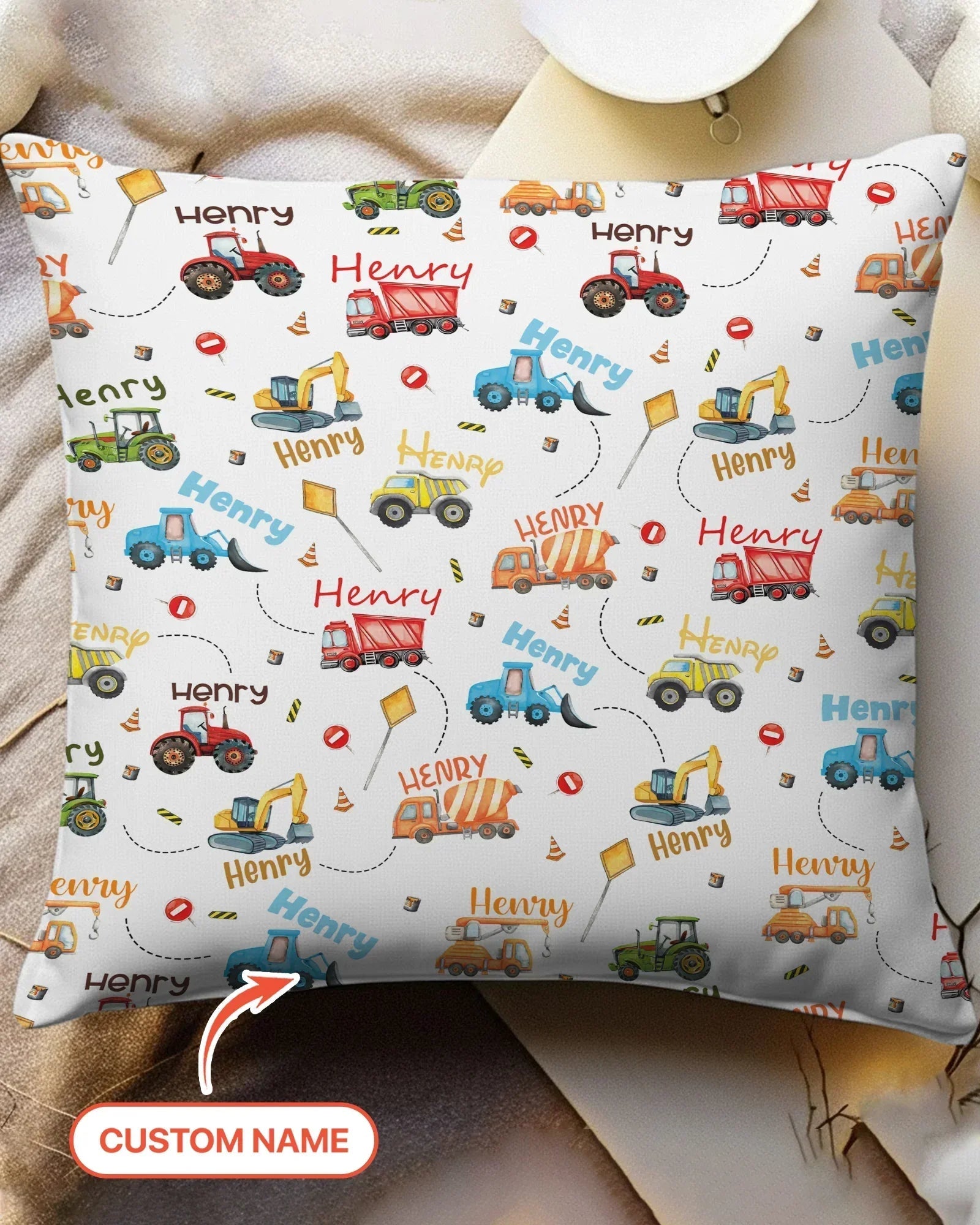 Construction Vehicles Custom Name Bamboo Pillow Case