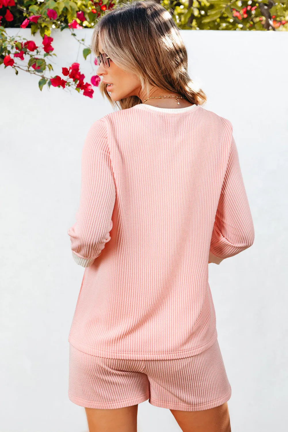 Pink Corded Colorblock Long Sleeve Top And Shorts Set