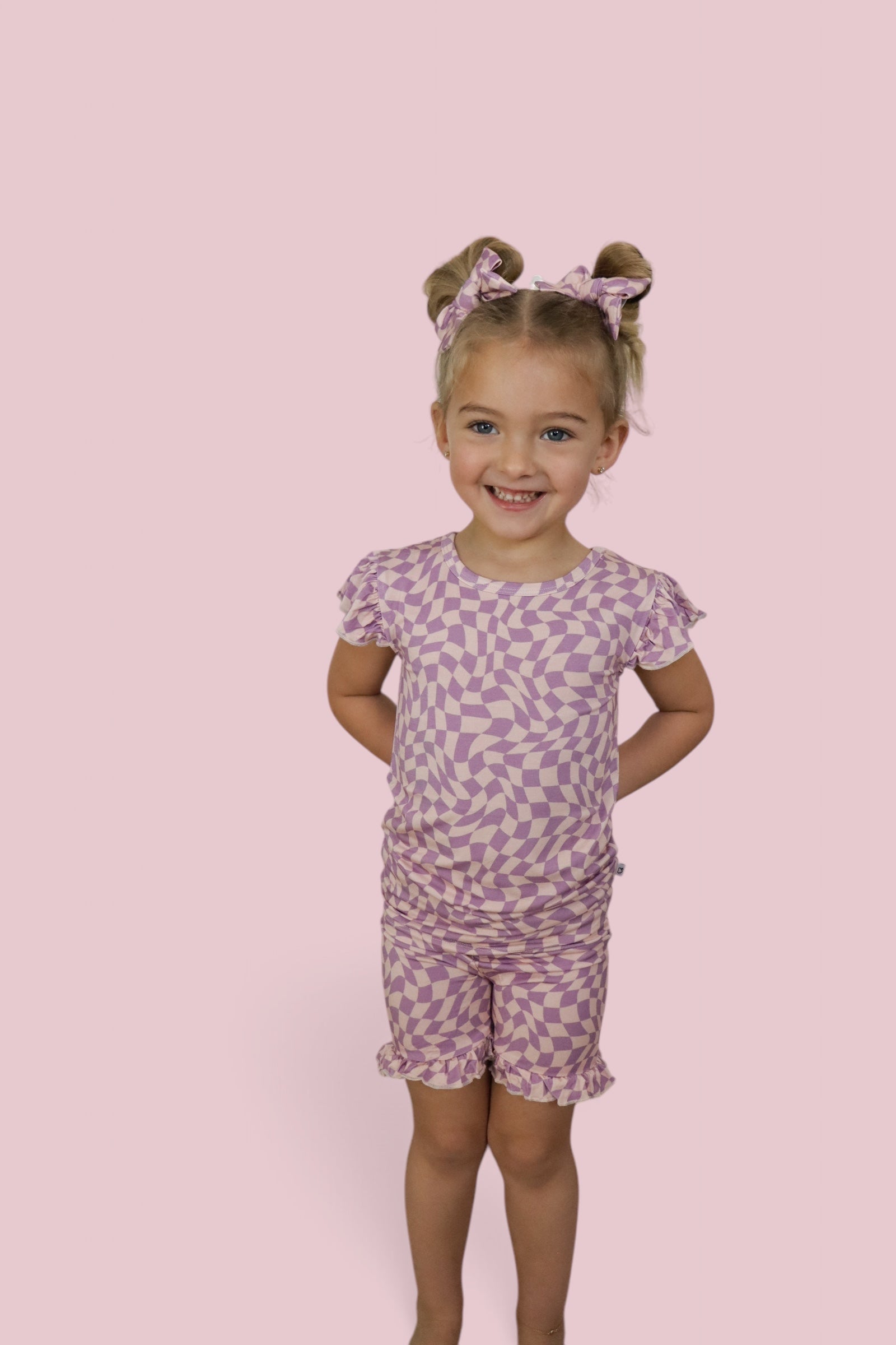 Plum Wavy Checkers Dream Ruffle Short Set