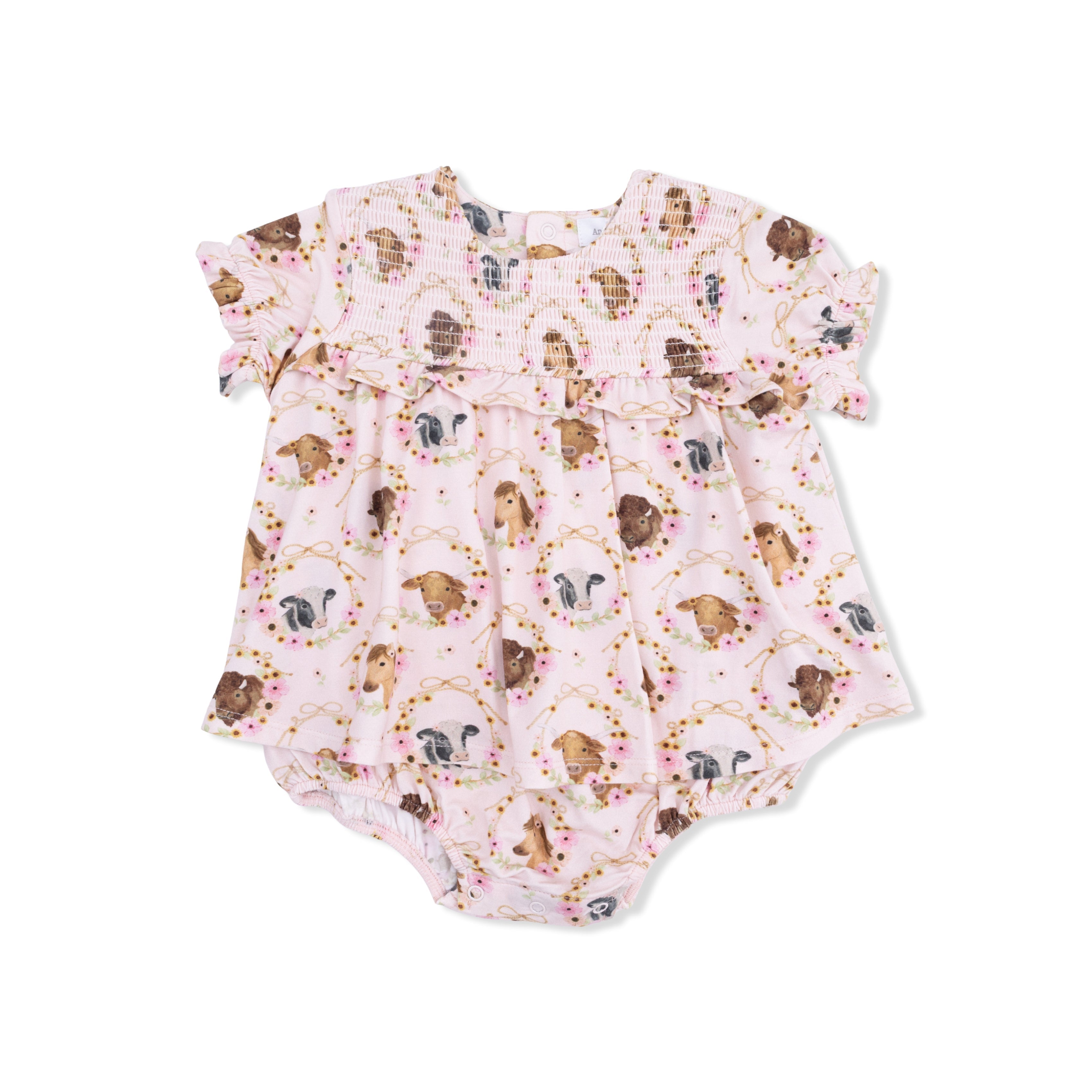 Farm Animals Floral Cameos Pink - Smocked Ruffle Bubble With Skirt