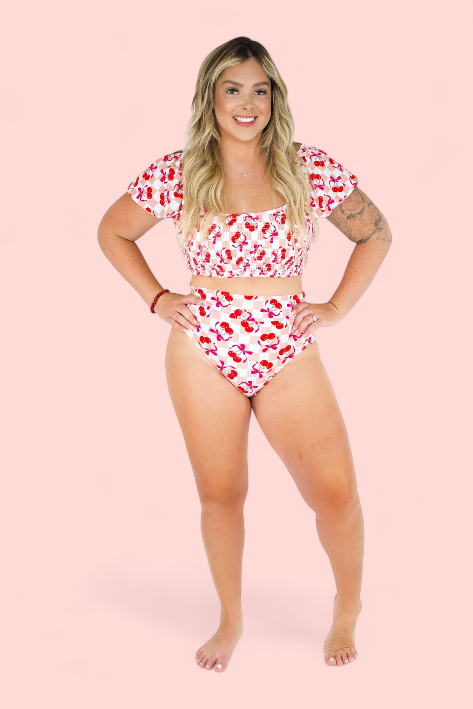 Cherry Sweet Checkers Dream Smocked Off The Shoulder Womens Swim Suit