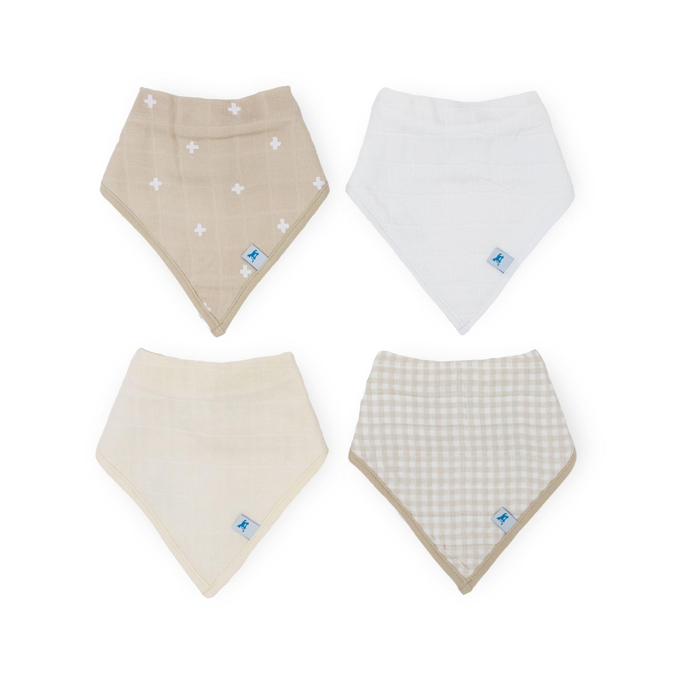 Cotton Muslin + Fleece Bandana Bib 4 Pack - Taupe Cross