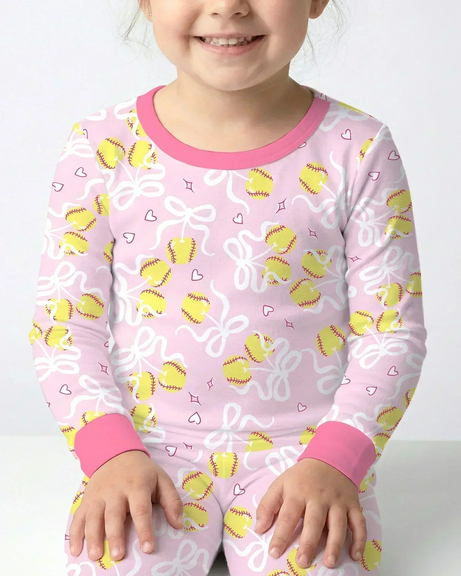 Softball Cherry Mom And Girl Matching Bamboo Two Piece Long Sleeve Pajama Set