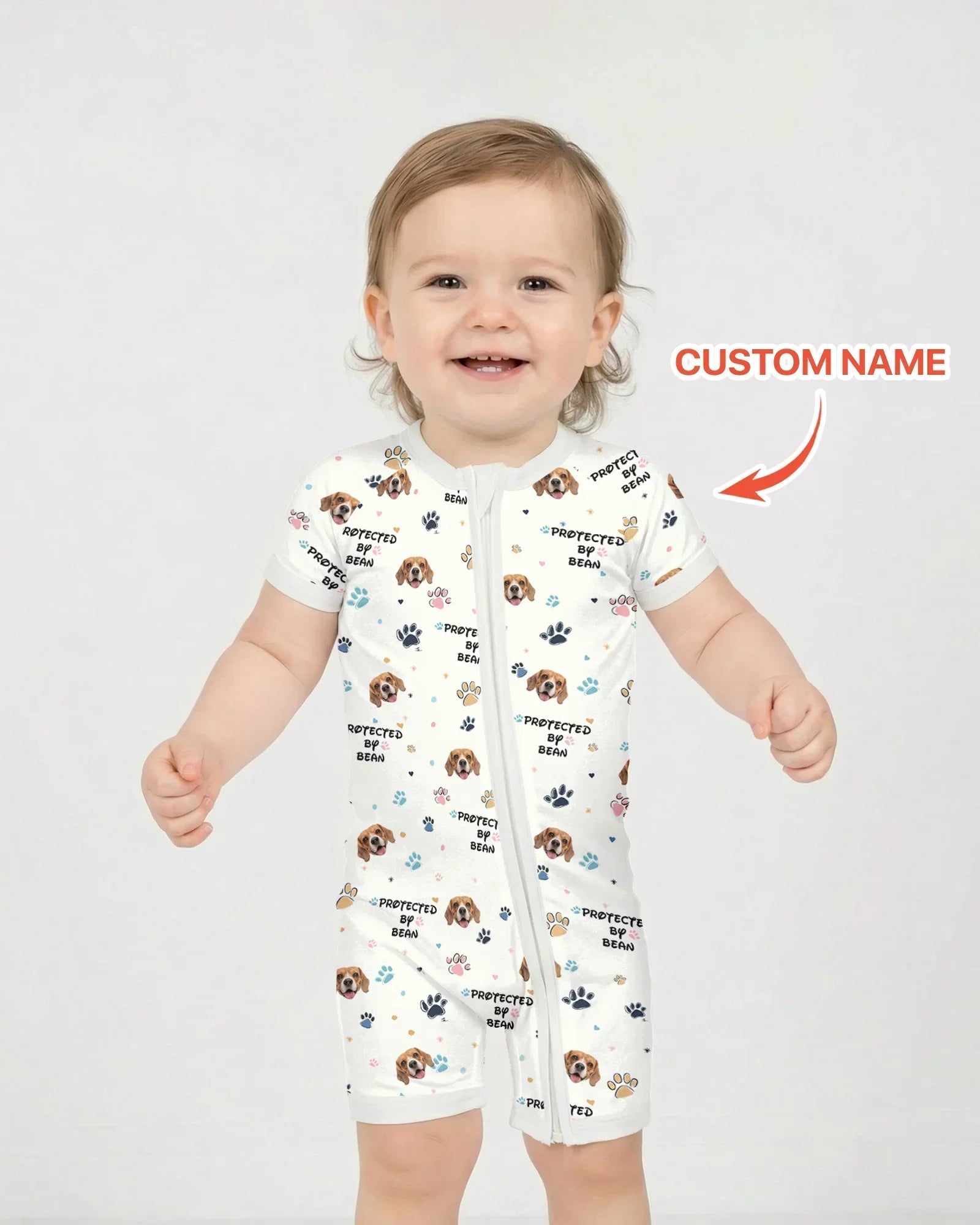 Custom Dog Photo Pattern "protected By" Bamboo Shorty Zippered Romper