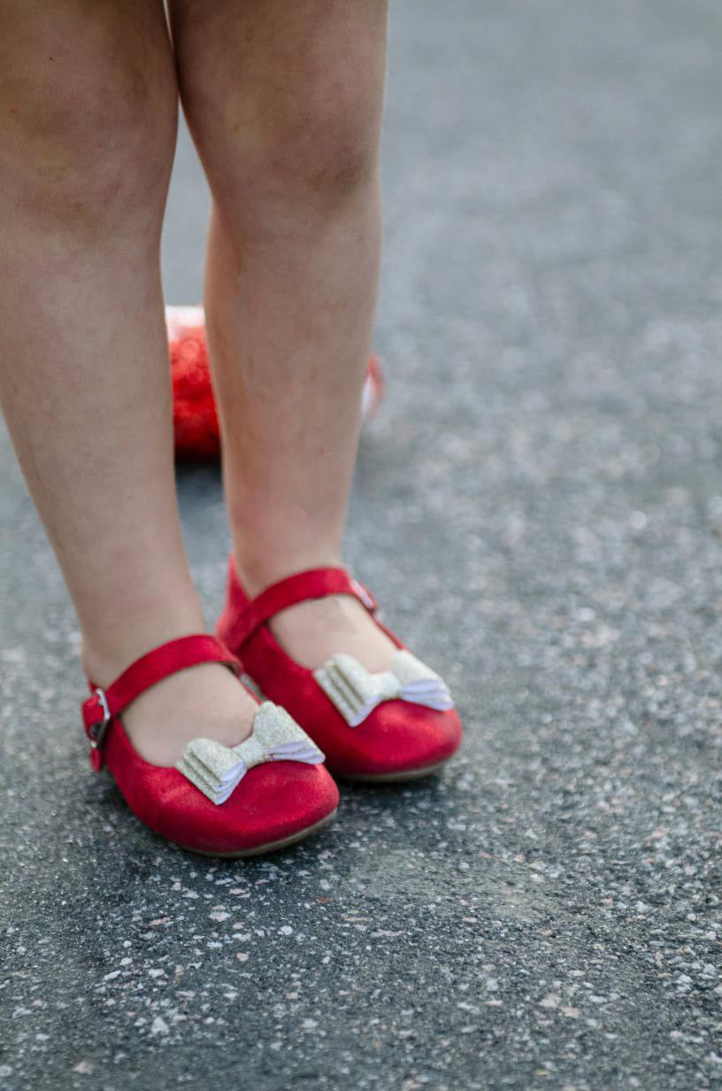 Joy New Bow Mary Jane Red Shimmer With Gold Glitter Bow