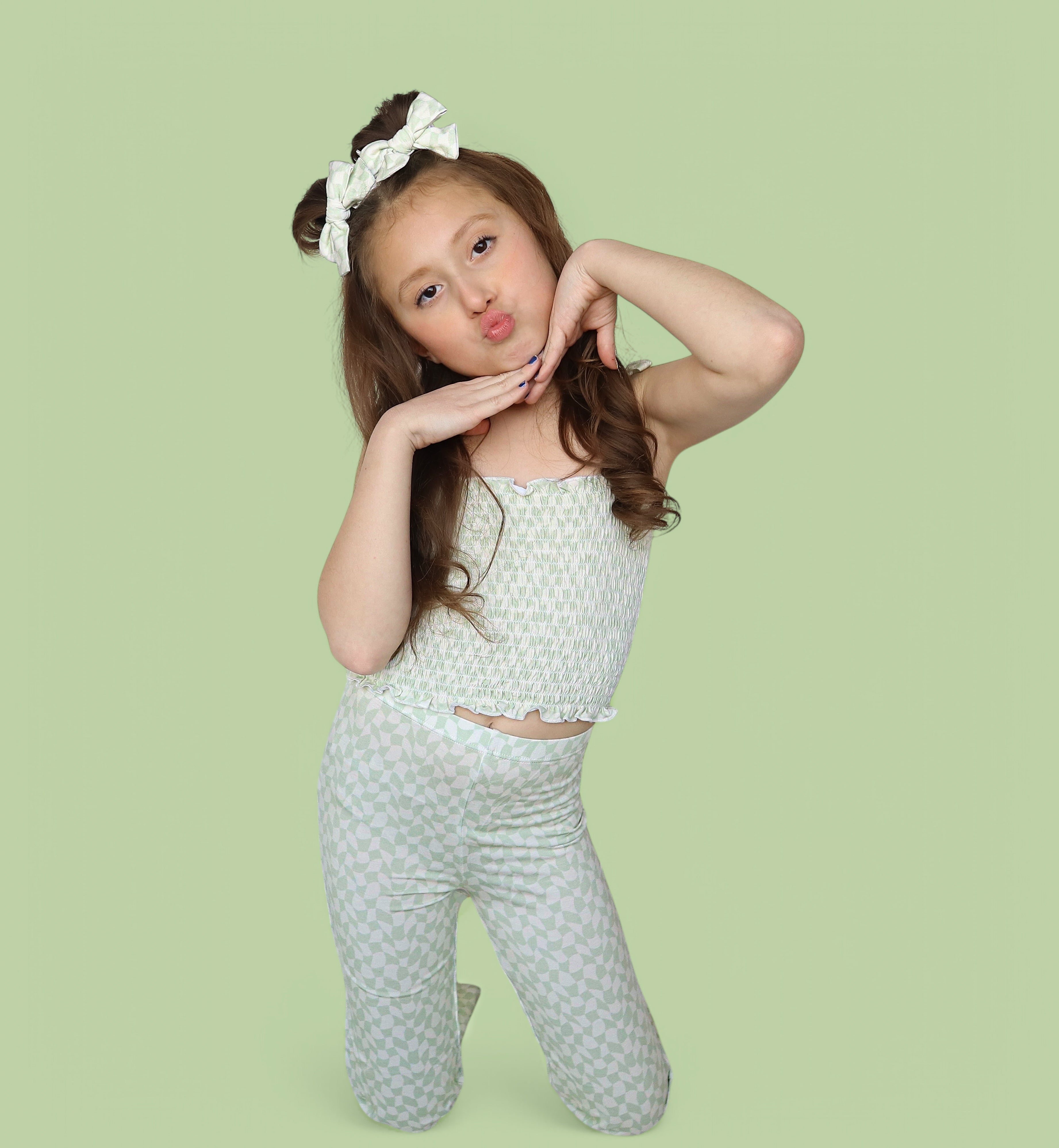 Sage Wavy Checkers Dream Smocked Flare Set