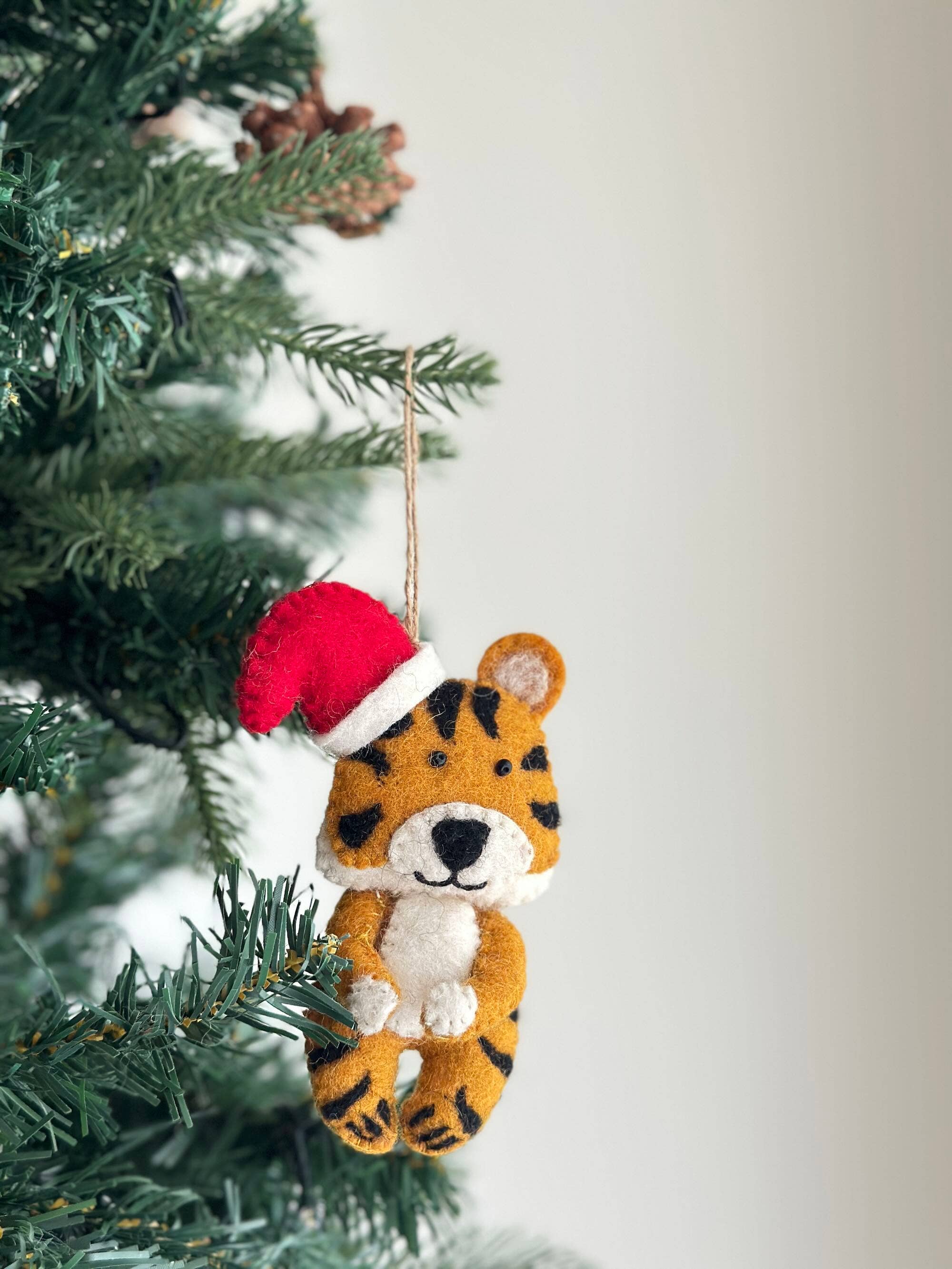 Felt Tiger With Christmas Hat Ornament