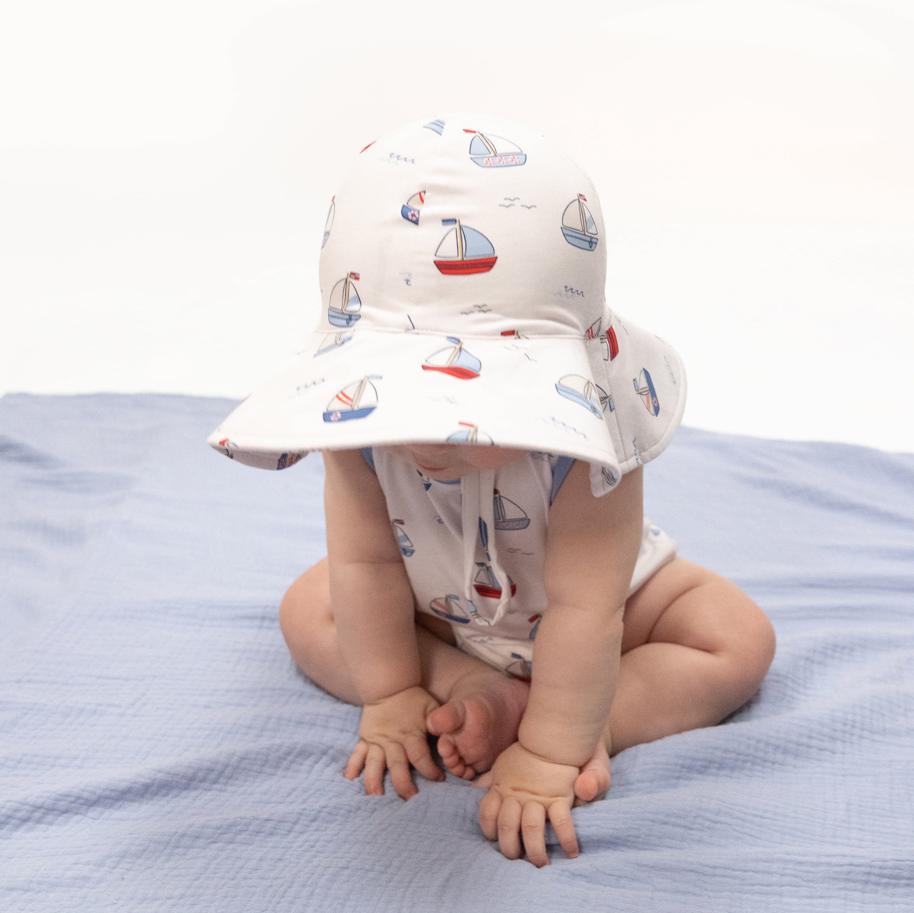 Bubbly Sailboats Blue - Wide Brim Sun Hat