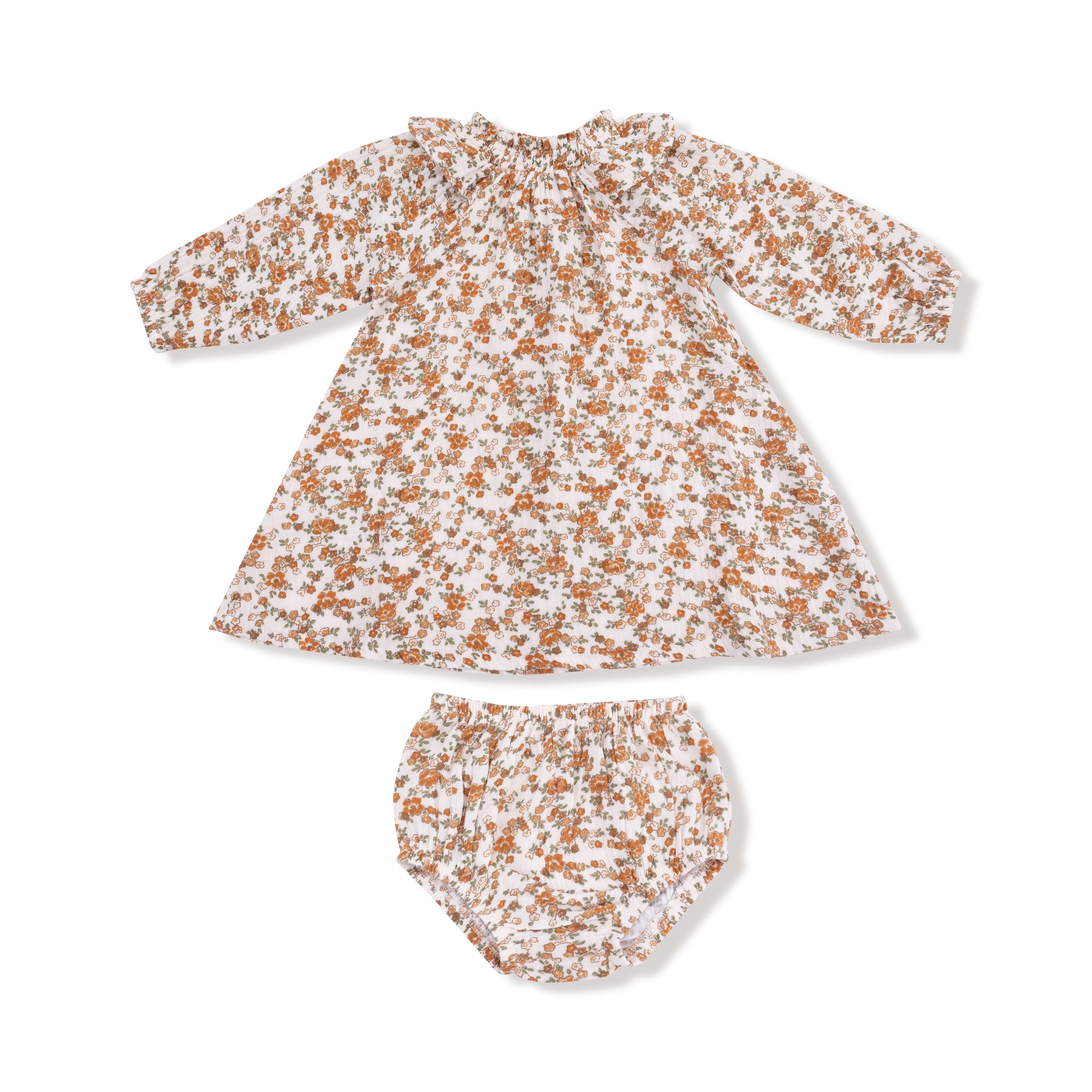 Long Sleeve Ruffle Smocked Neck Dress + Diaper Cover