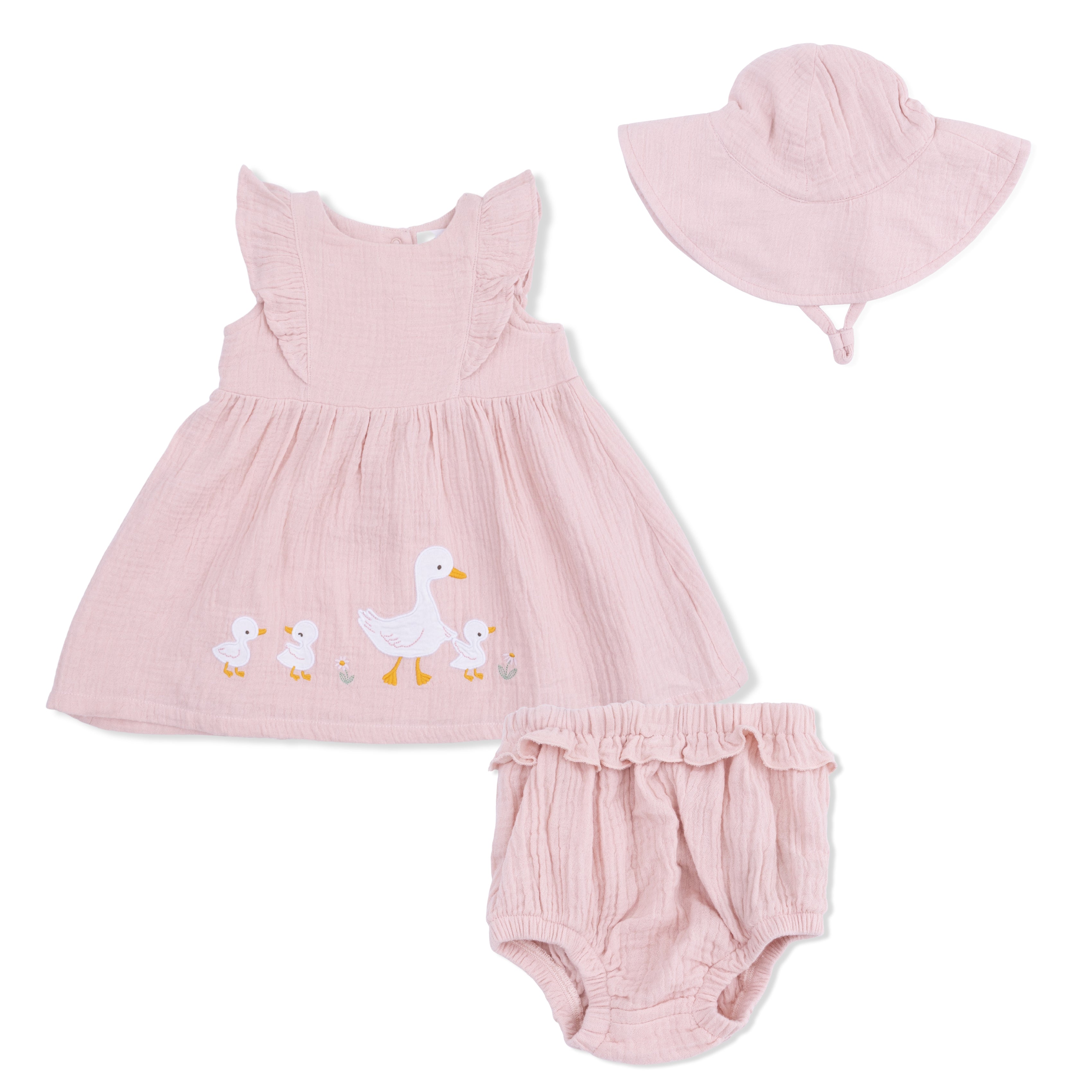 Lotus Flower Ducklings - Ruffle Sleeve Dress And Bloomer With Sunhat