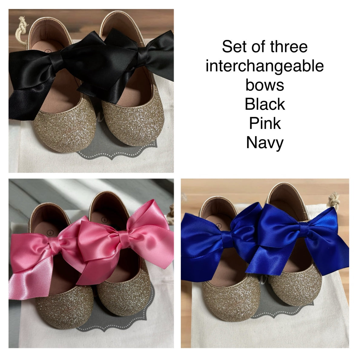 Set Of 3 Interchangeable Bows For Trinity Pair - Navy, Pink, Black
