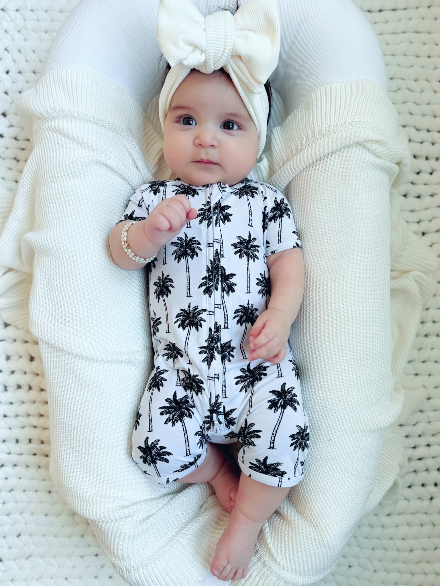 Bamboo Shorty Romper | Palm Style White