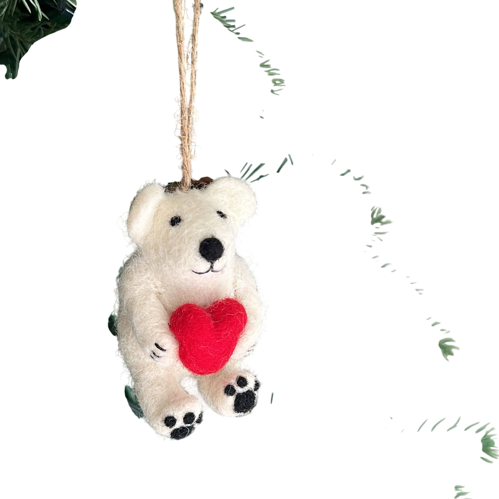 Felt Ornament - Mini Polar Bear Holding Heart