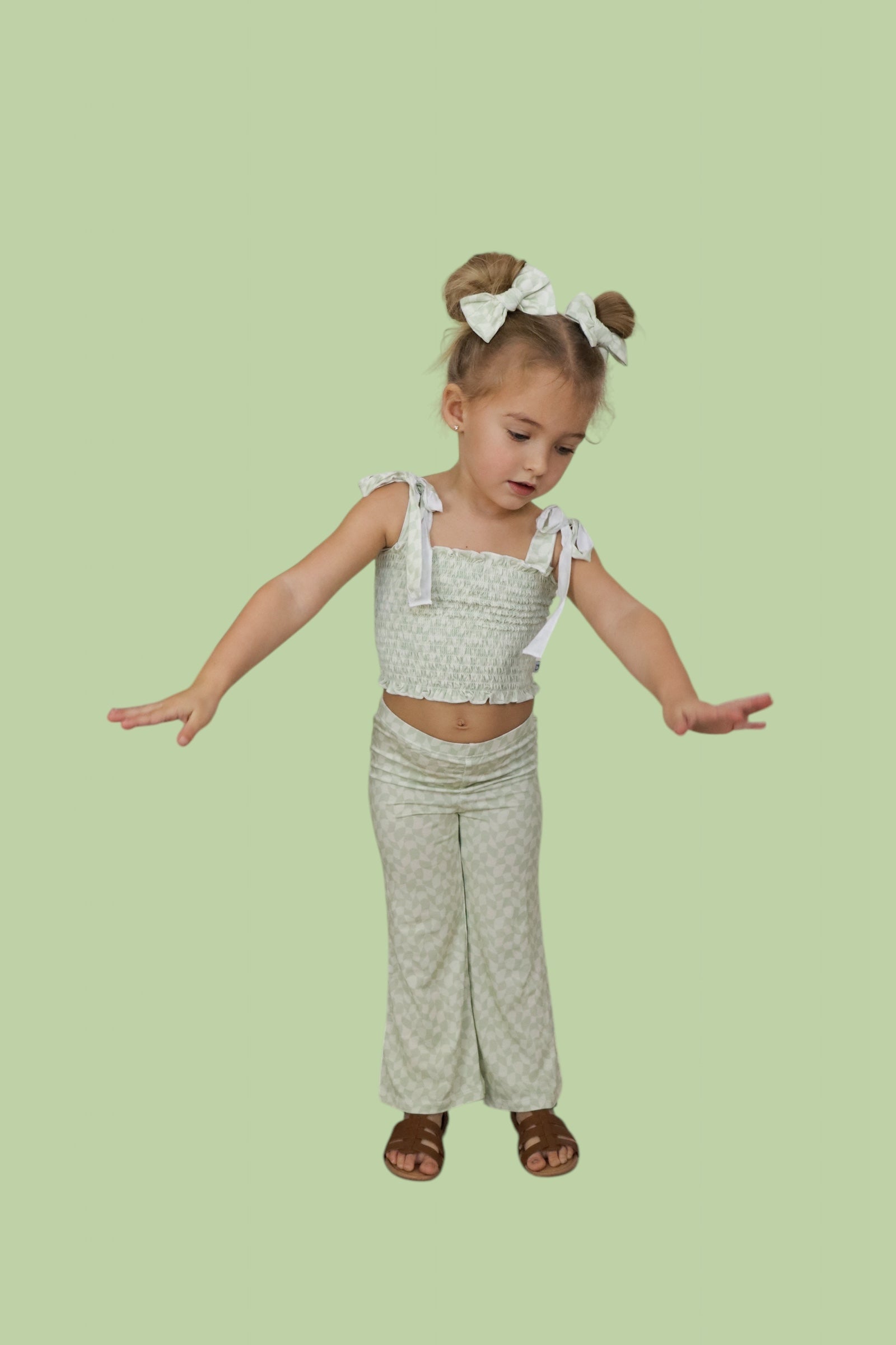 Sage Wavy Checkers Dream Smocked Flare Set