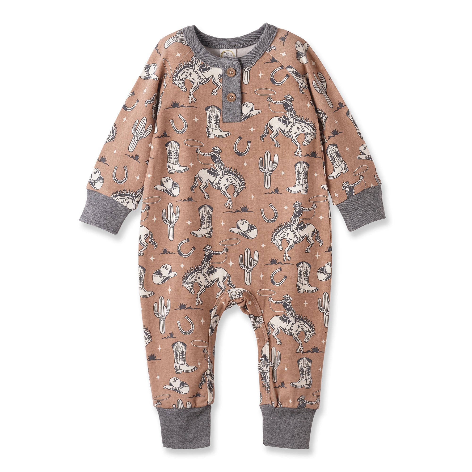 Wild Wrangler/brown Western Bamboo Henley Romper For Babies