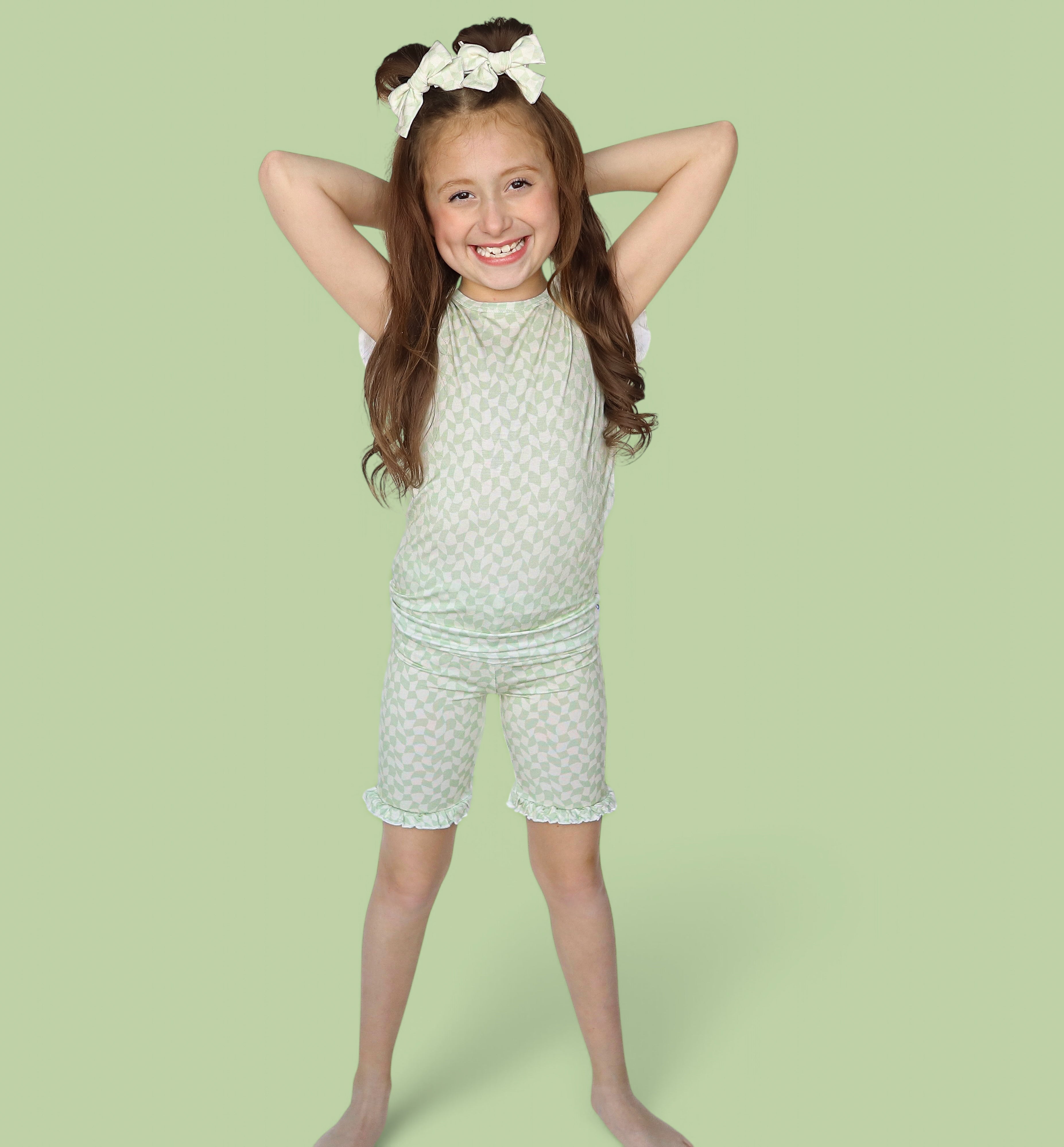 Sage Wavy Checkers Dream Ruffle Short Set
