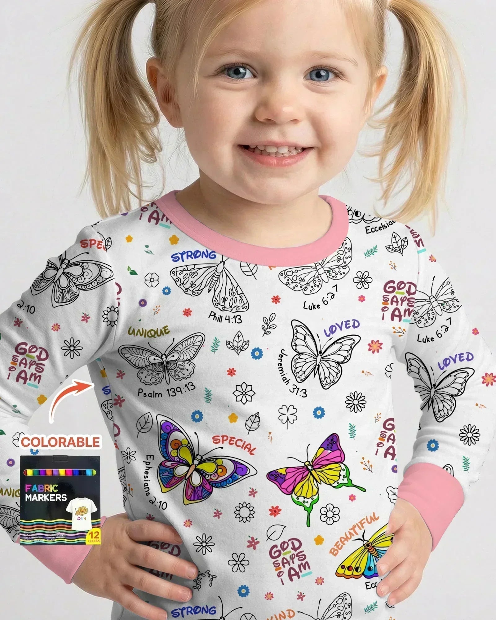 Colorable God Says I Am Butterfly Bamboo Two Piece Long Sleeve Pajama Set