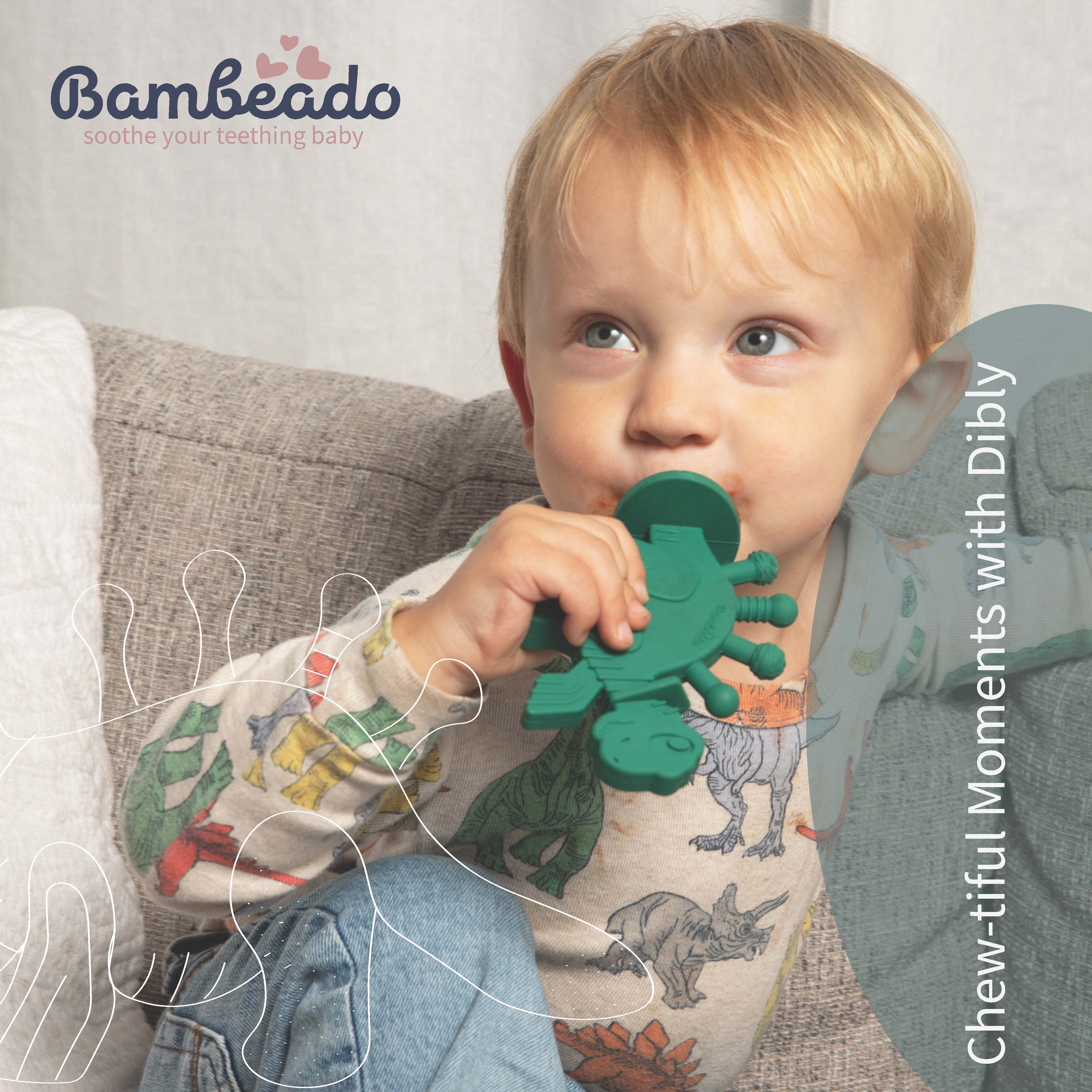 Dibly - Green - Baltic Amber & Natural Rubber Dinosaur Teether With Toothbrush Tail