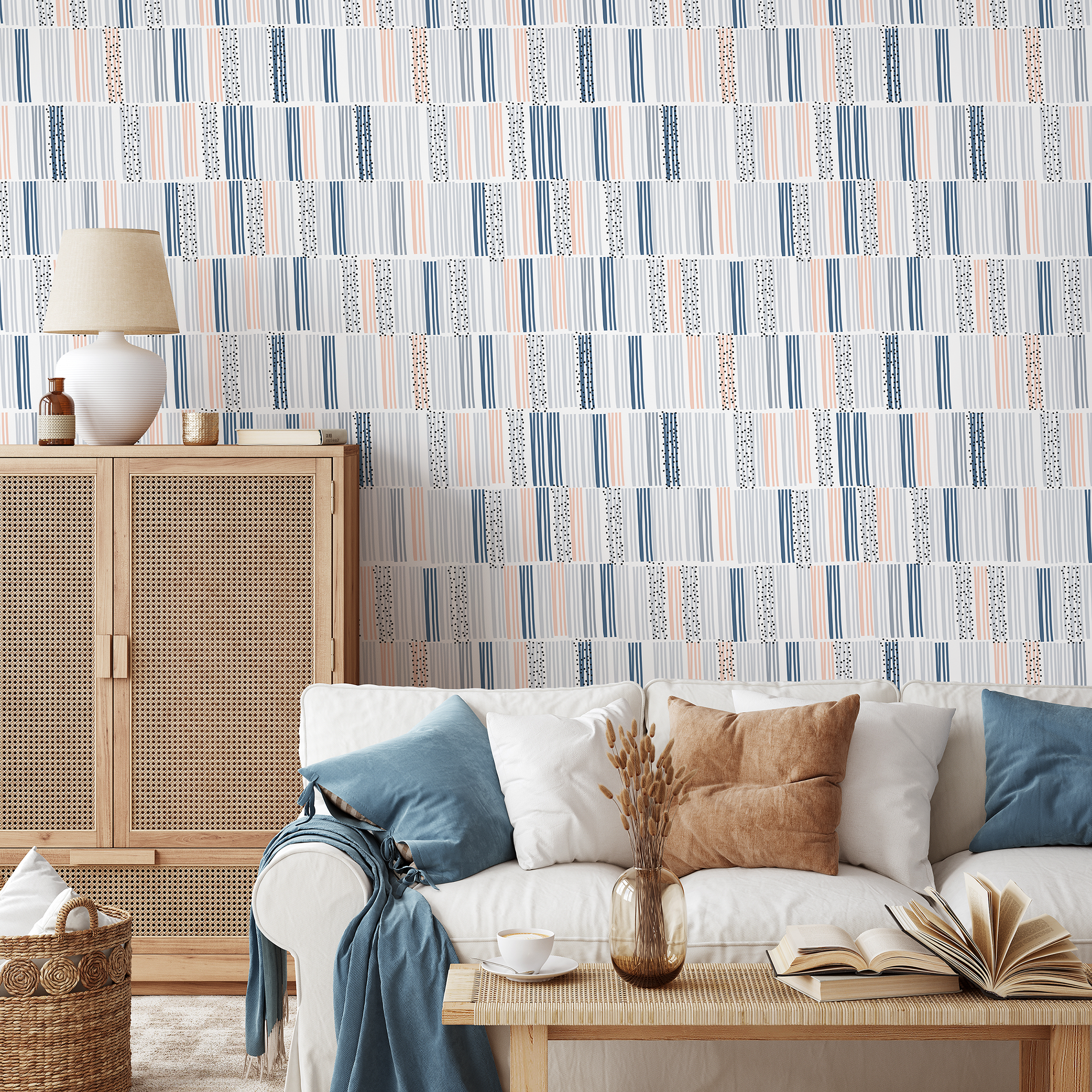 Abstract Wallpaper With Irregular Stripes And Dots In Blue, Gray, And Peach - A025