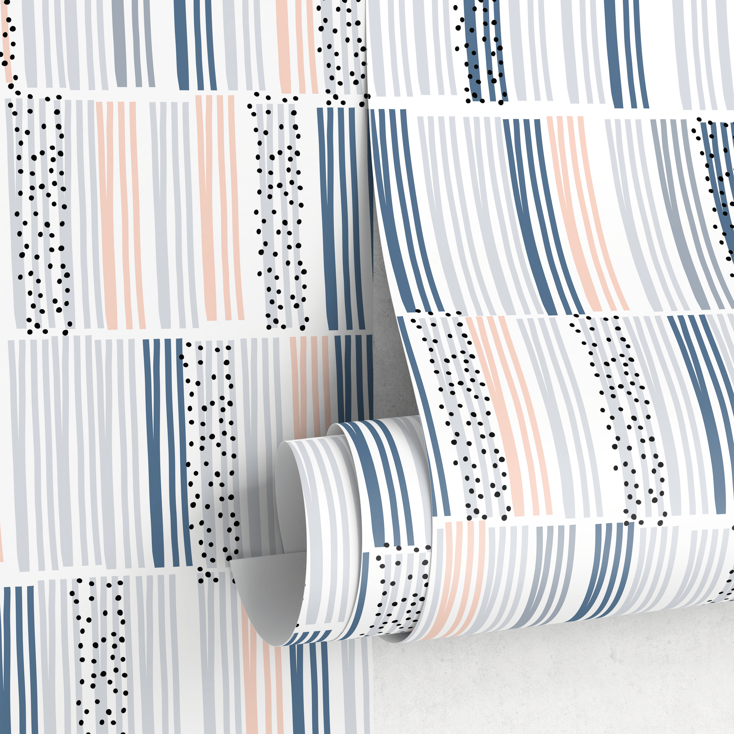 Abstract Wallpaper With Irregular Stripes And Dots In Blue, Gray, And Peach - A025